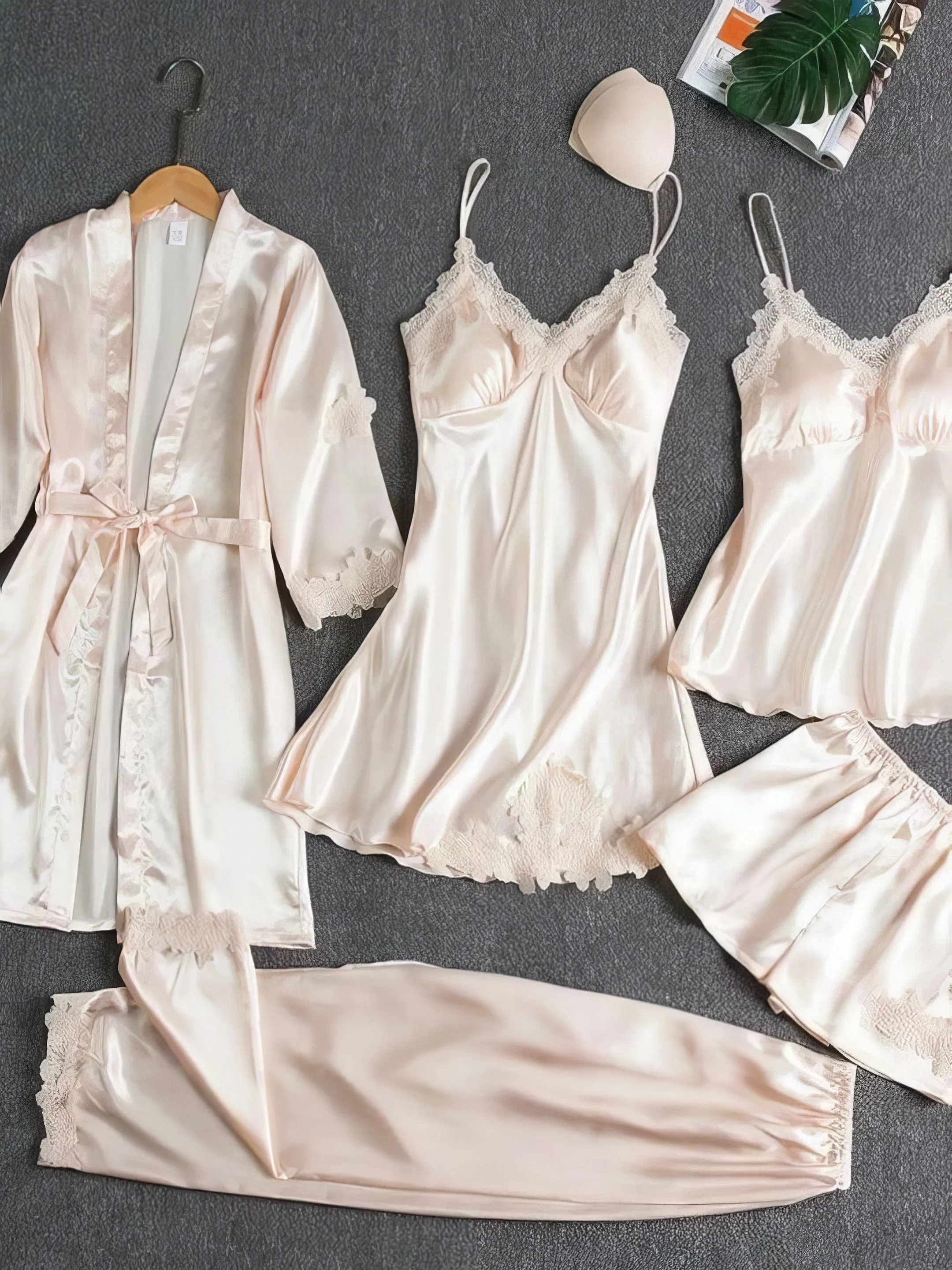 5-Piece Satin Pajama Set with Lace Trim