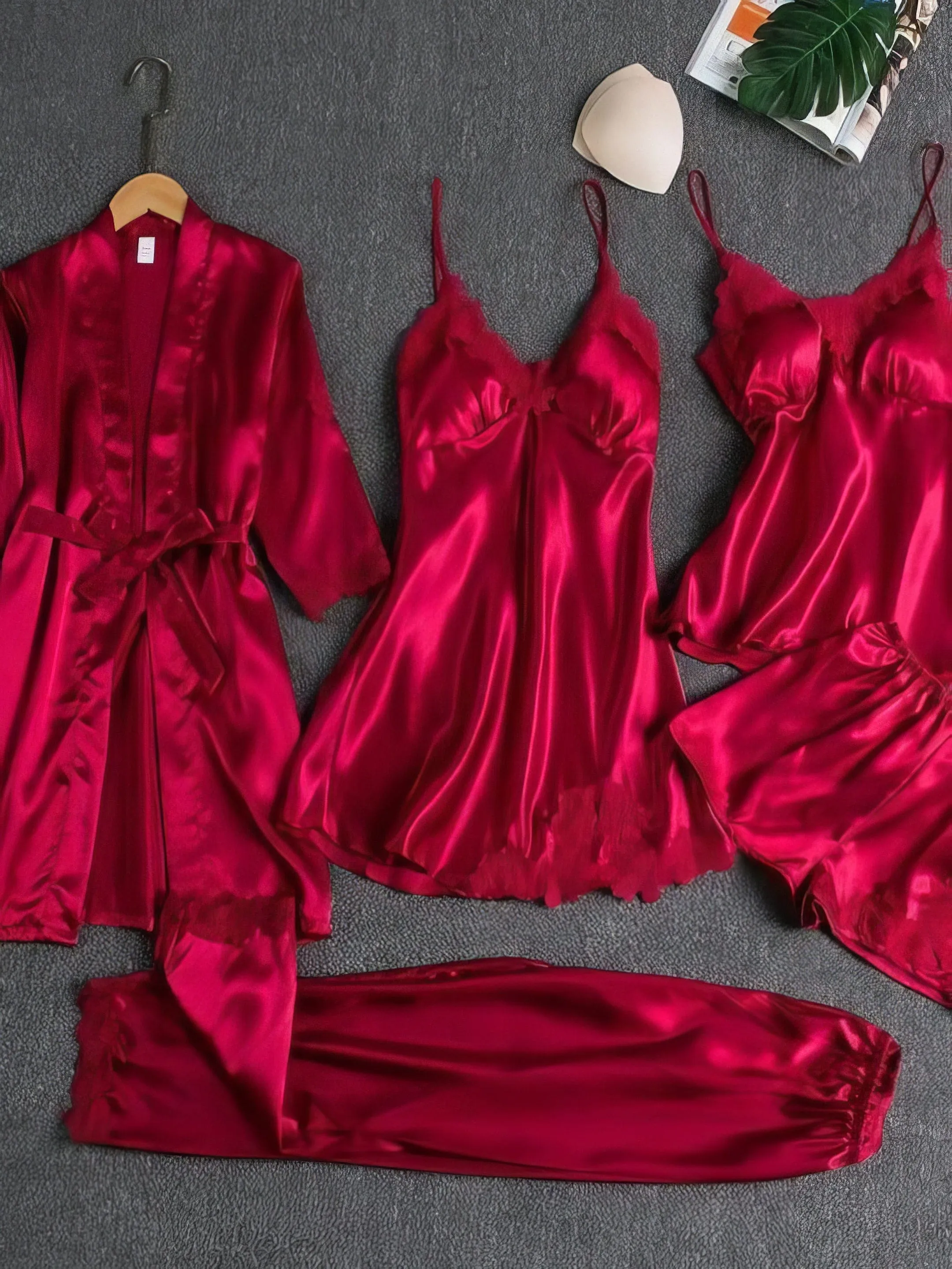 5-Piece Satin Pajama Set with Lace Trim