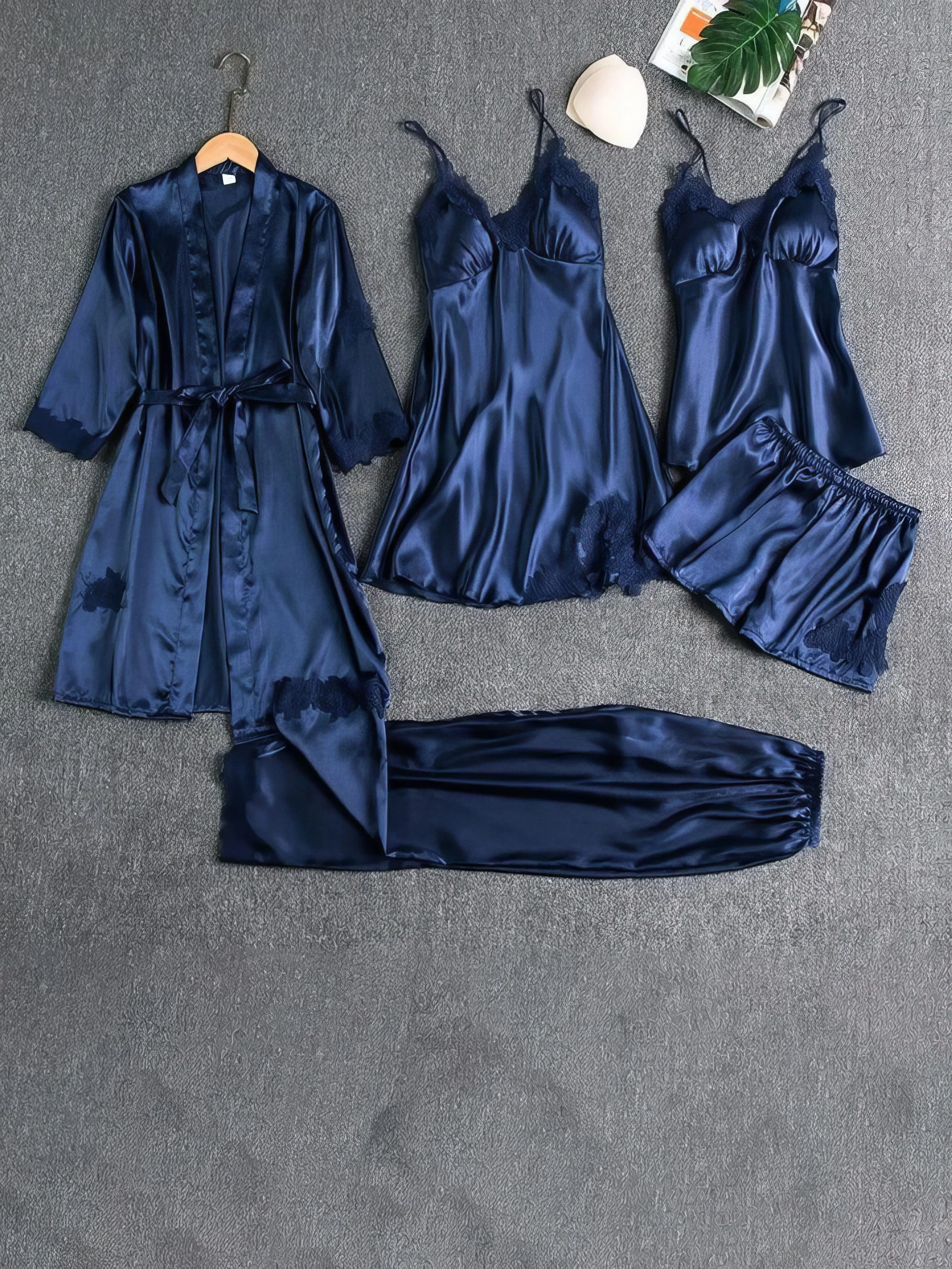 5-Piece Satin Pajama Set with Lace Trim