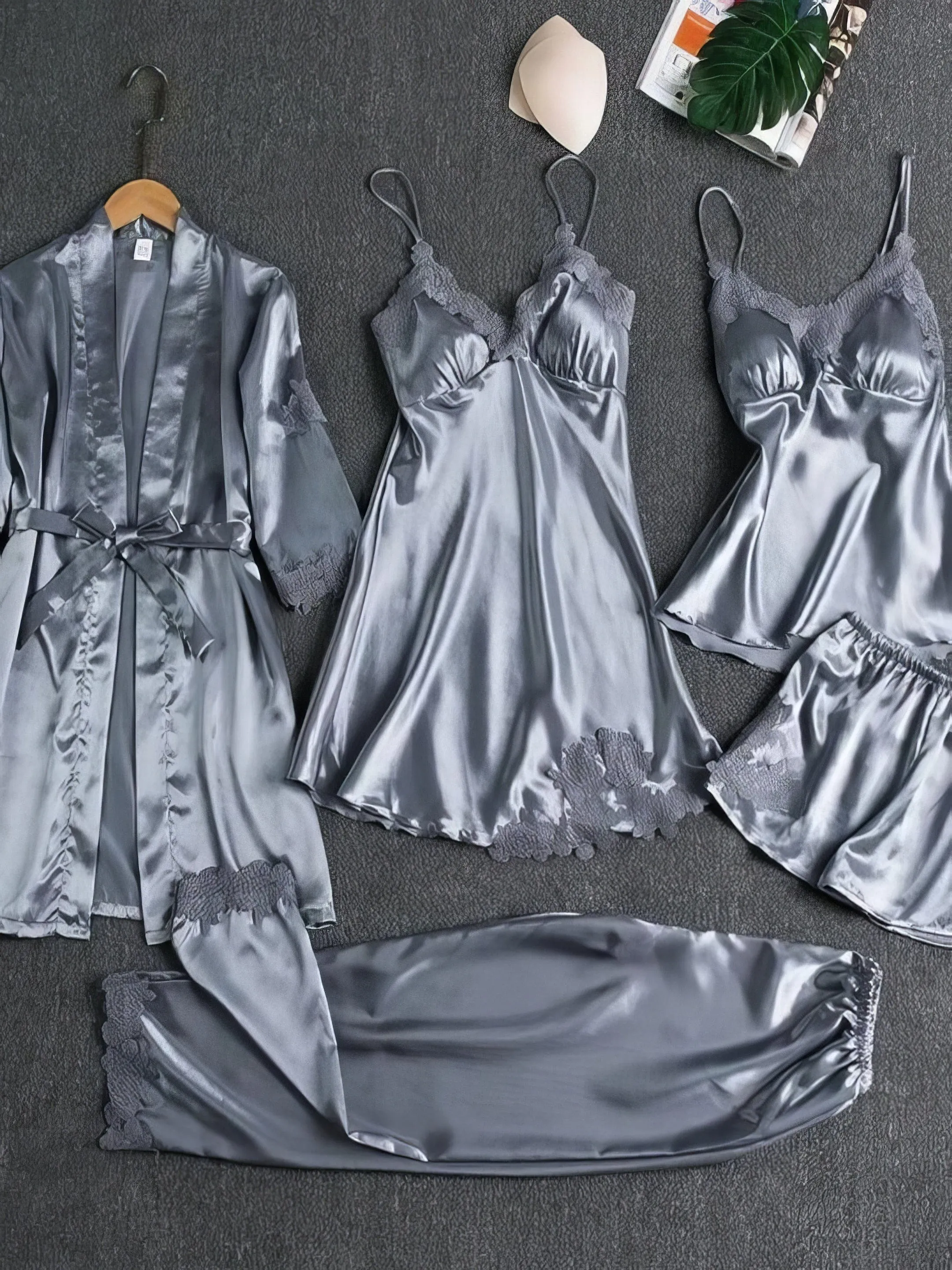 5-Piece Satin Pajama Set with Lace Trim