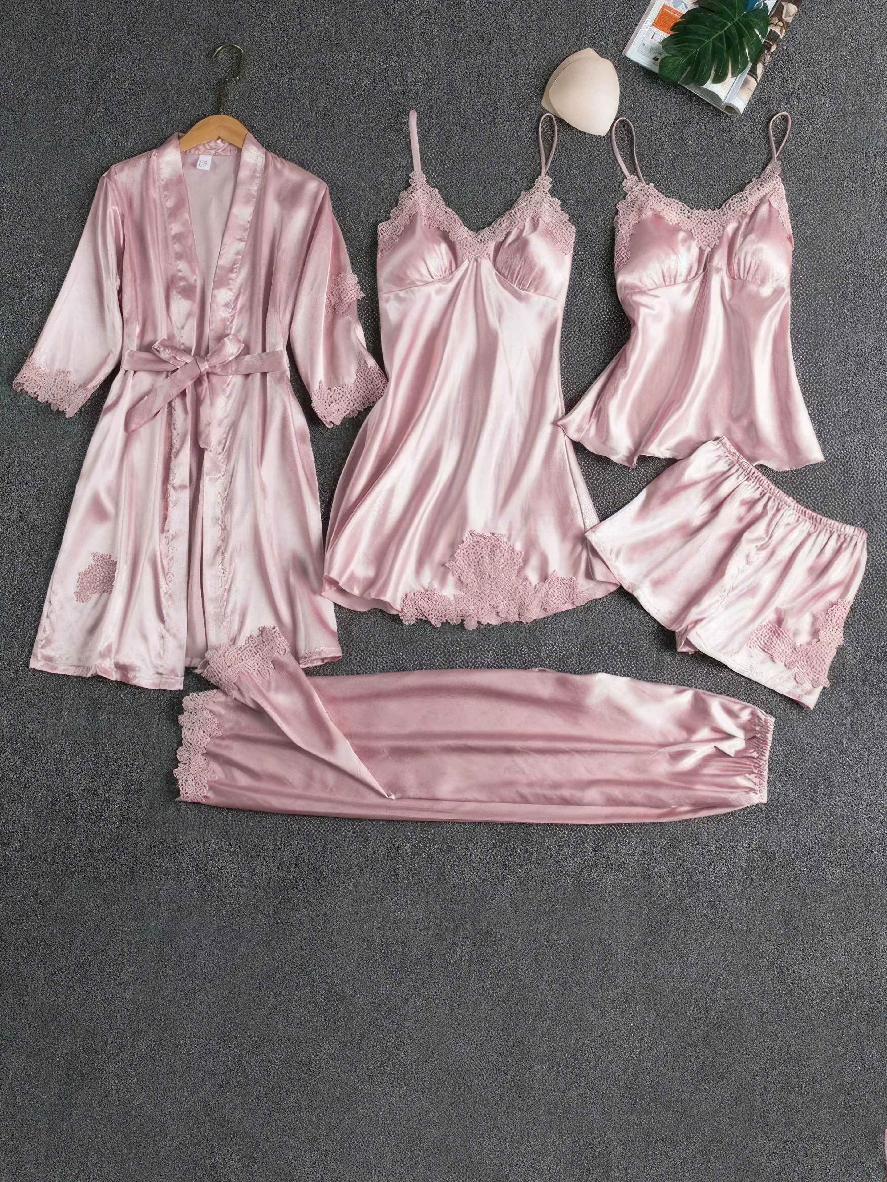 5-Piece Satin Pajama Set with Lace Trim