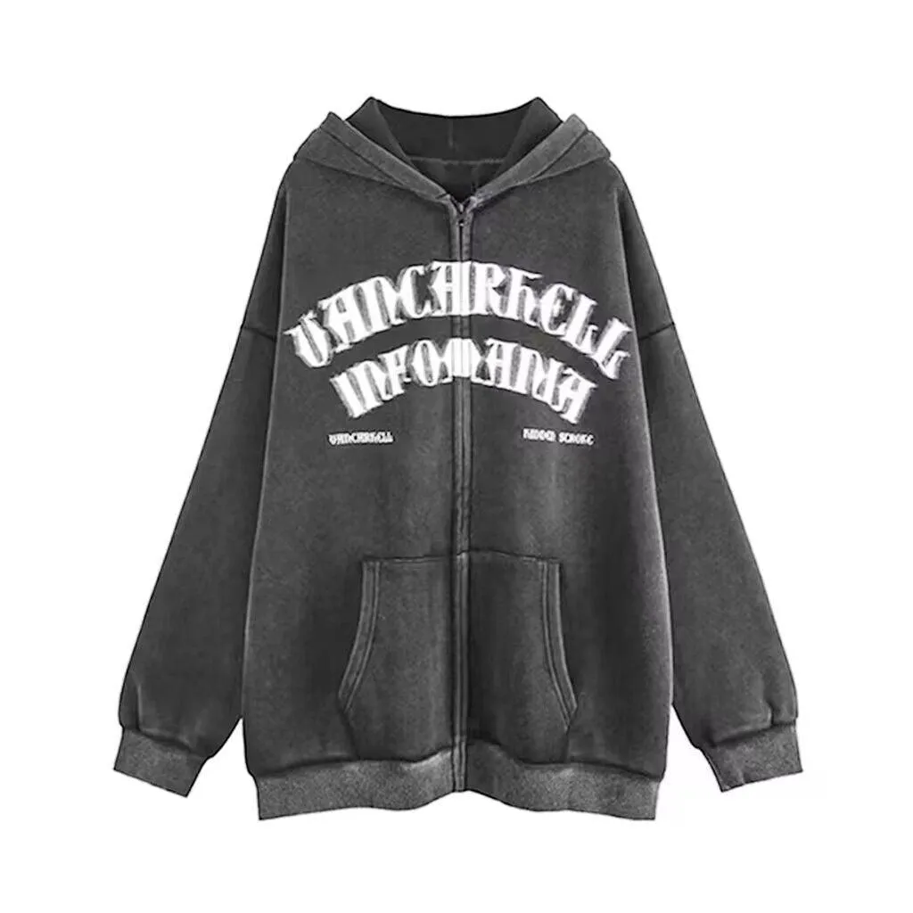 American Oversize Vintage Distressed Letter Print Zipper Hoodie – Artistic Retro Style