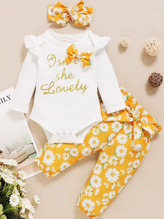 Baby "Isn't She Lovely" Onesie with Floral Pants and Matching Headband Set