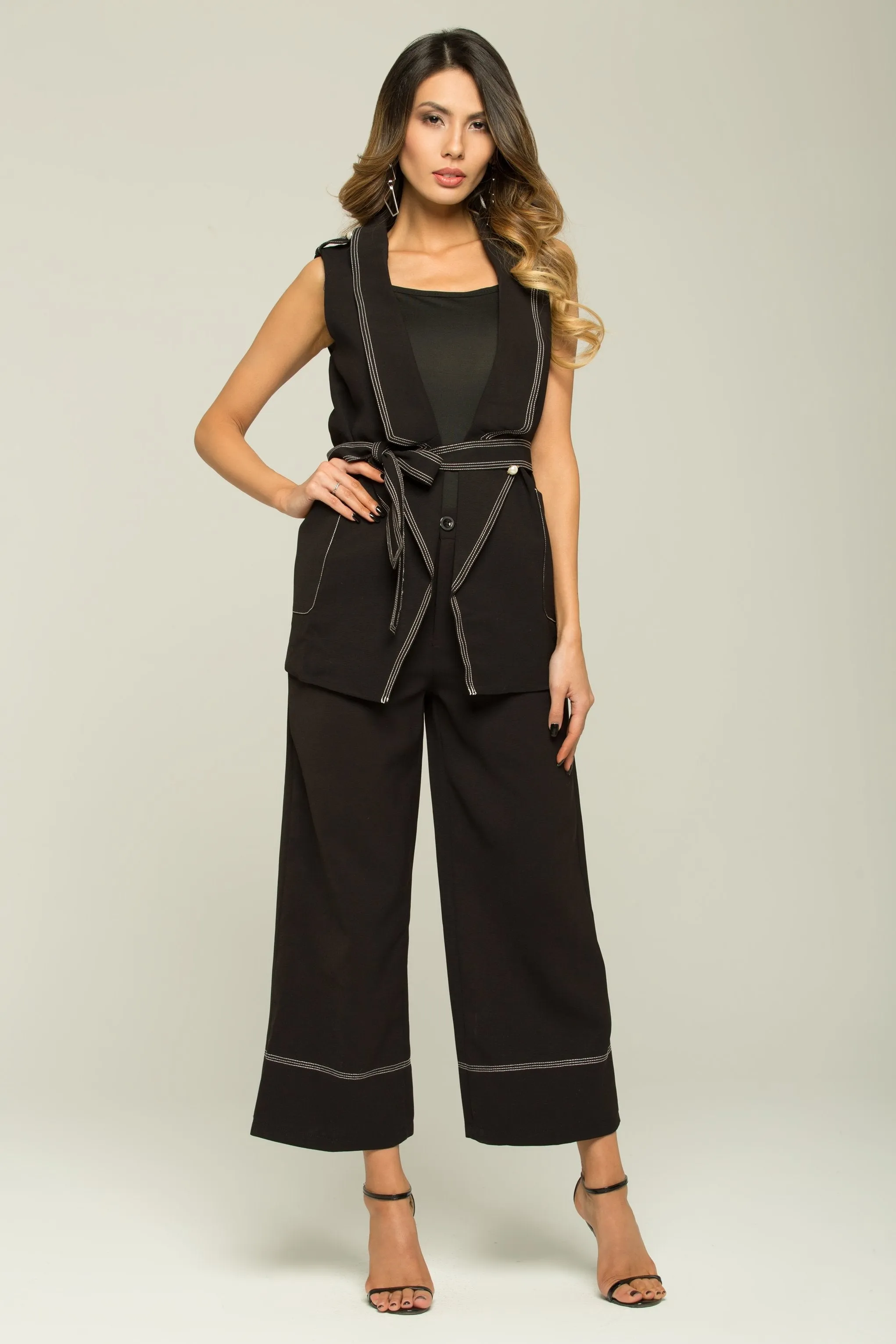 Black and White Trim Sleeveless Blazer and Trousers Set