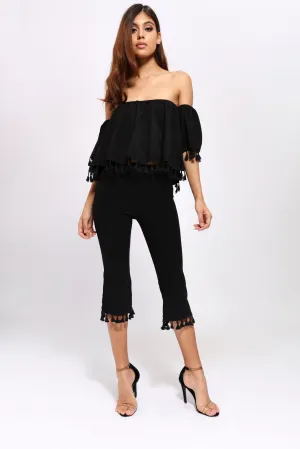 Black Tassel Hem Cropped Trousers