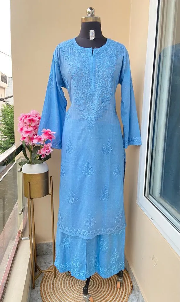 Blue Dobby Cotton Bliss: Long Kurti and Pallazo Coord Set ❤️