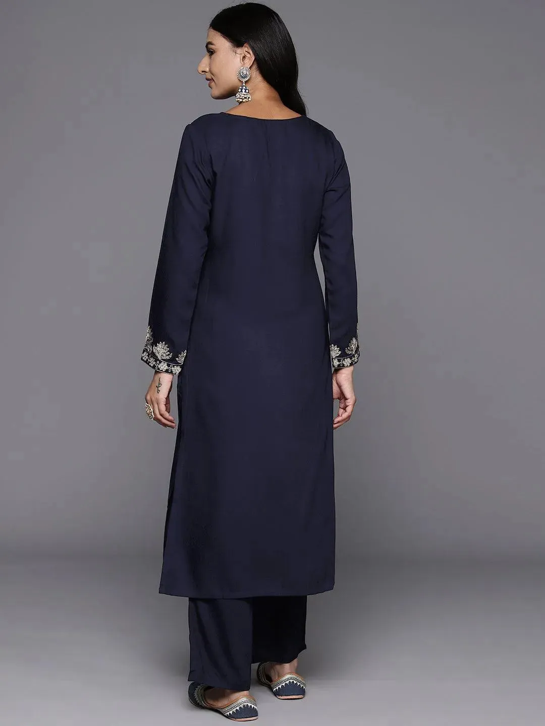 Blue Yoke Design Wool Blend Straight Kurta Set