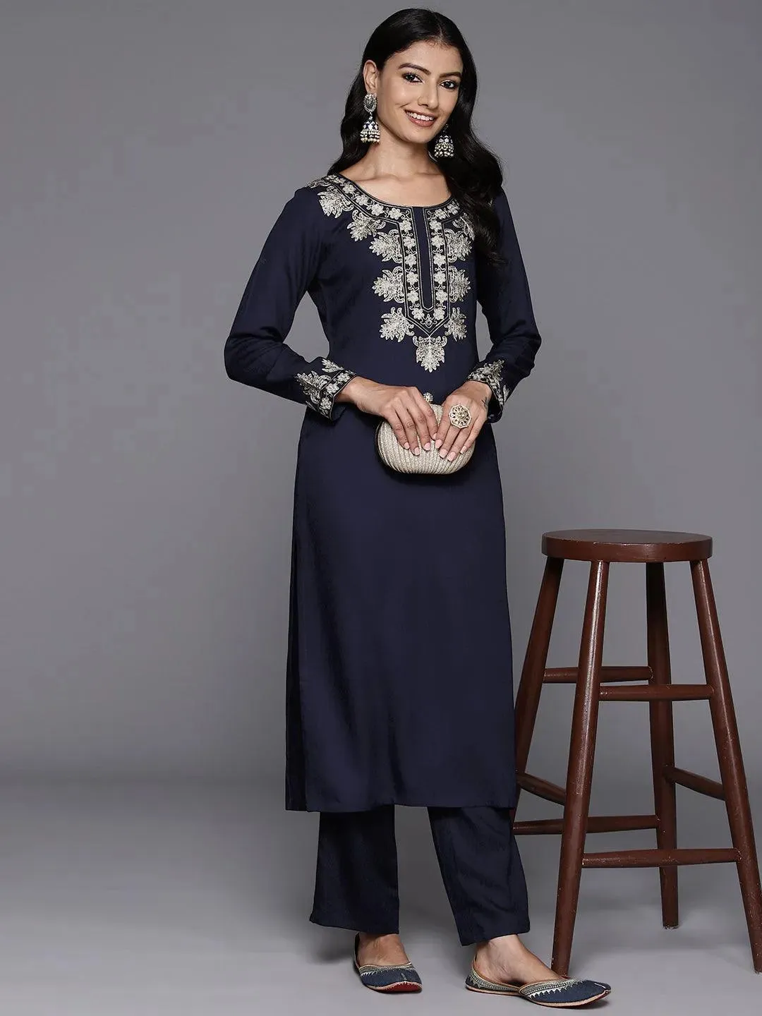 Blue Yoke Design Wool Blend Straight Kurta Set