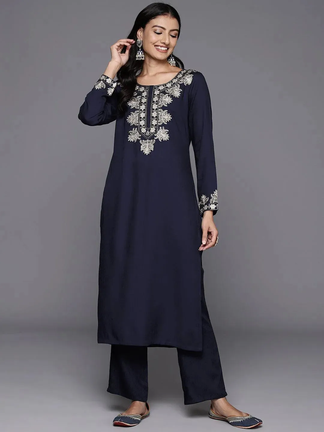 Blue Yoke Design Wool Blend Straight Kurta Set