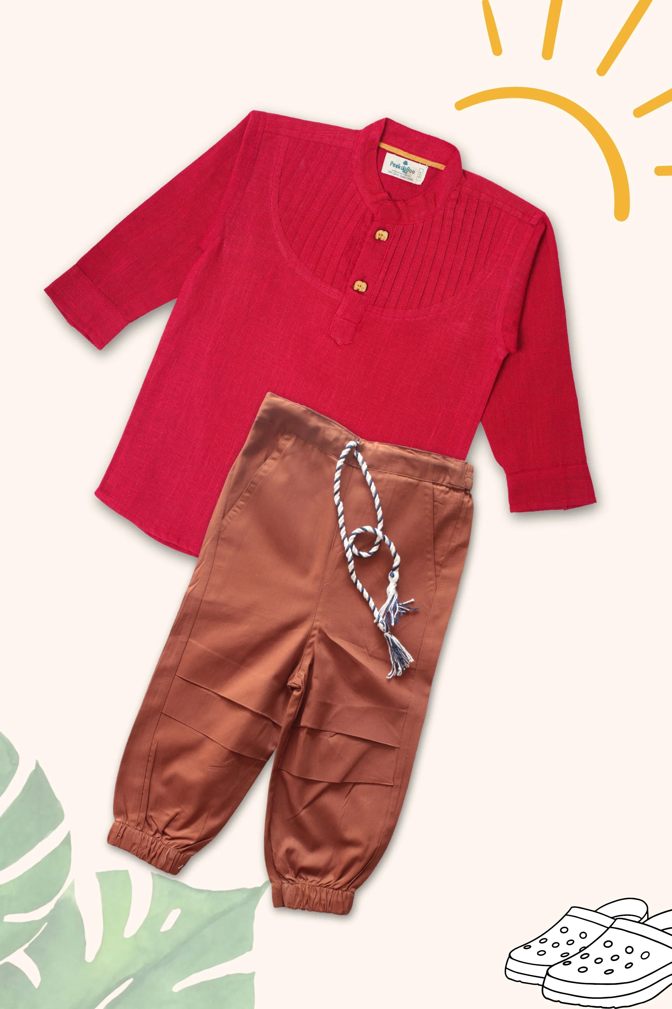 Boys Pure Cotton Clothing Set - Pintuck Shirts & Brown Cargo Pant