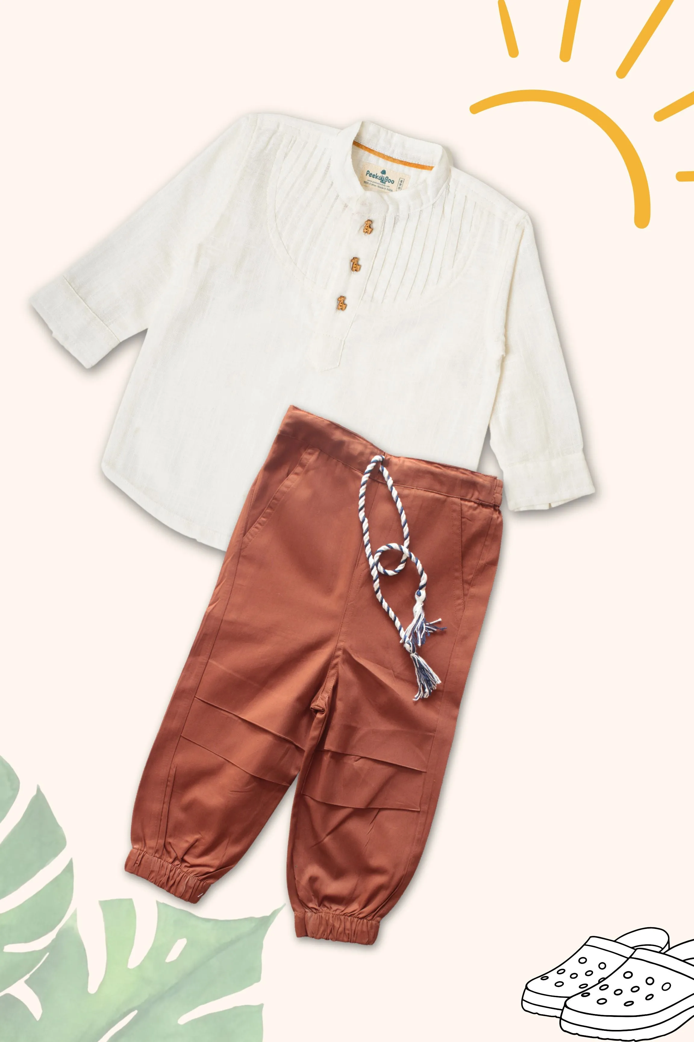 Boys Pure Cotton Clothing Set - Pintuck Shirts & Brown Cargo Pant