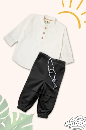 Boys Pure Cotton Clothing Set - White Pintuck Shirt & Cargo Pants