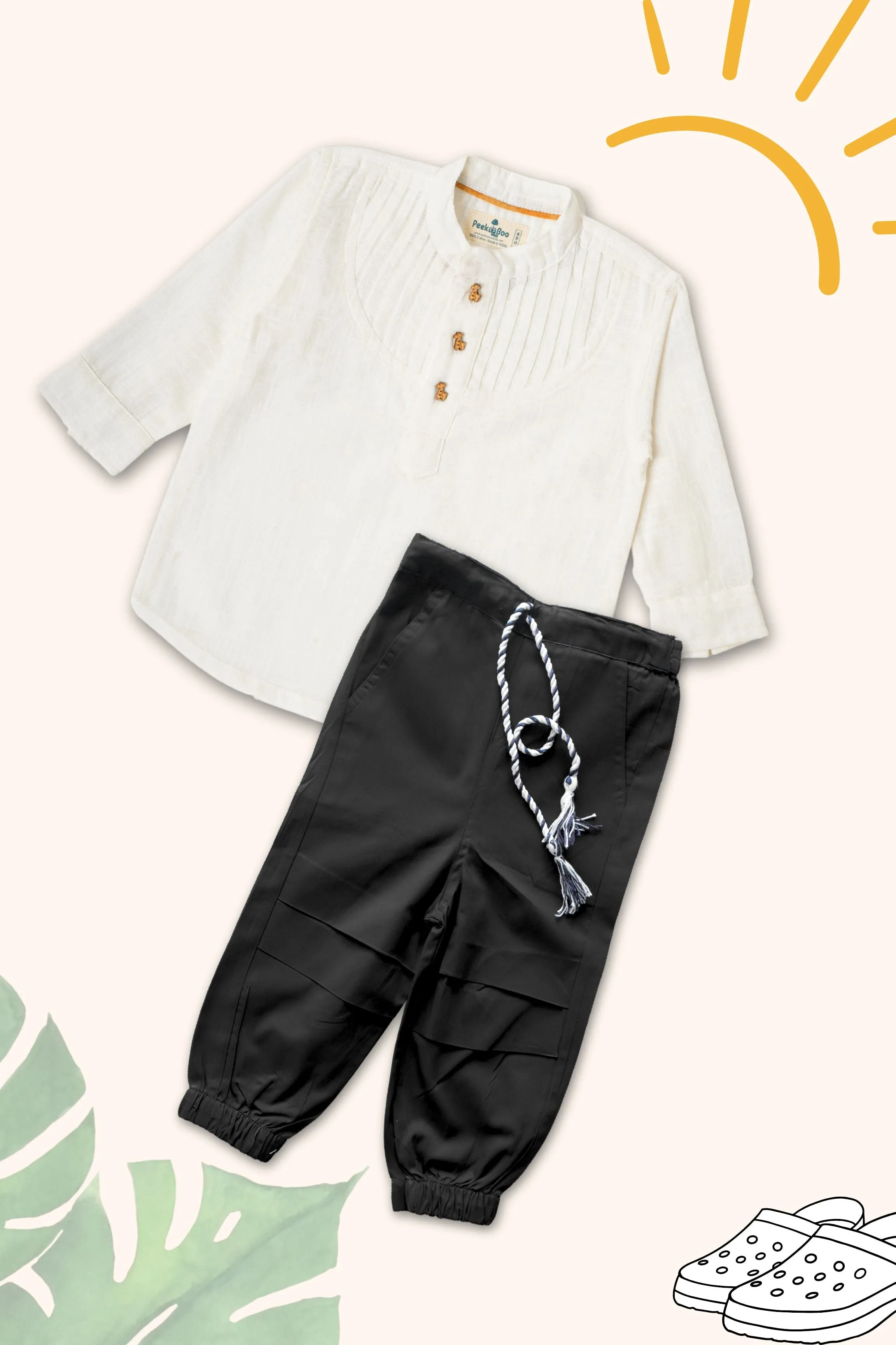 Boys Pure Cotton Clothing Set - White Pintuck Shirt & Cargo Pants