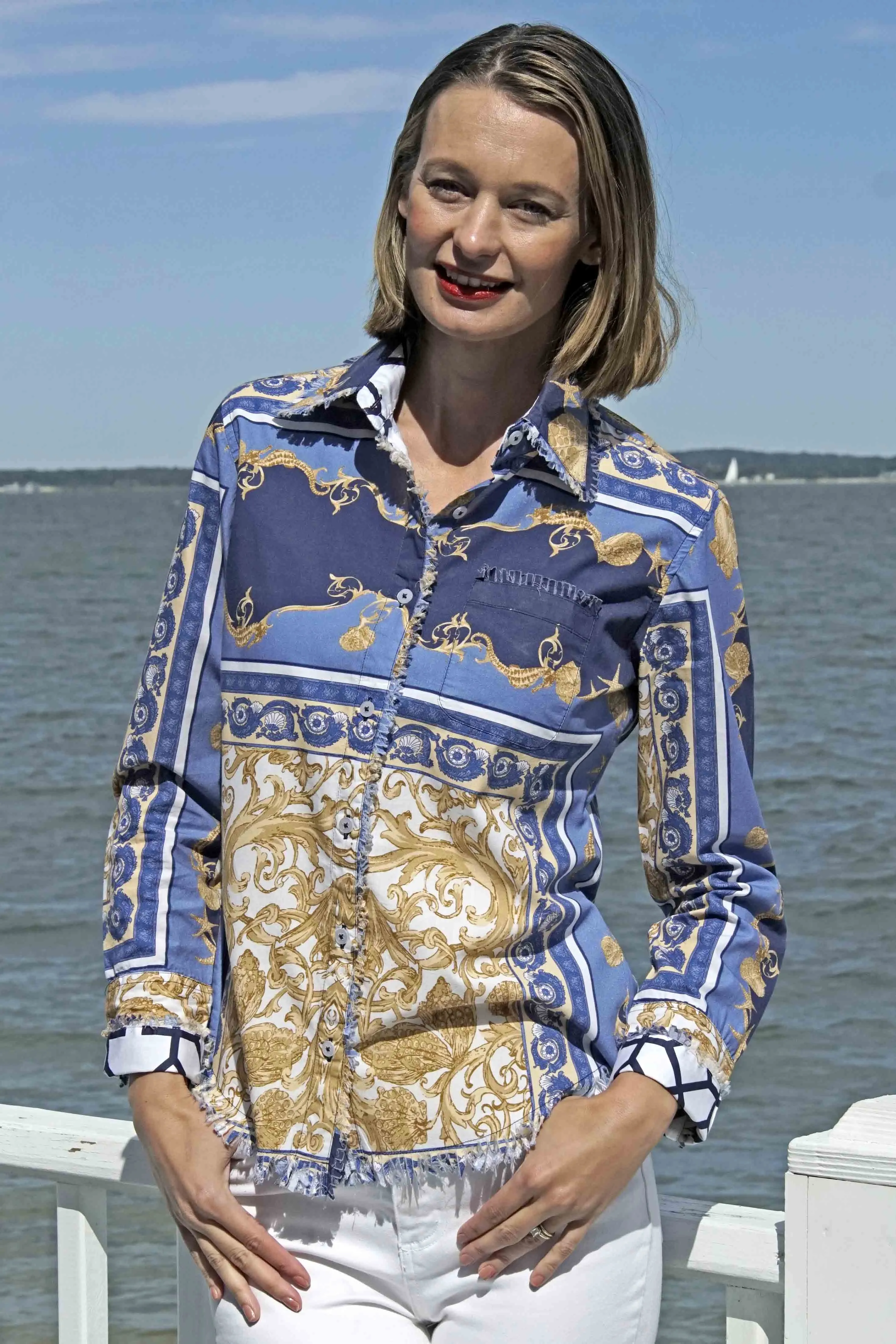 Cape Cod Frayed Shirt - Blue White Gold Shells and Blues Ocean Print