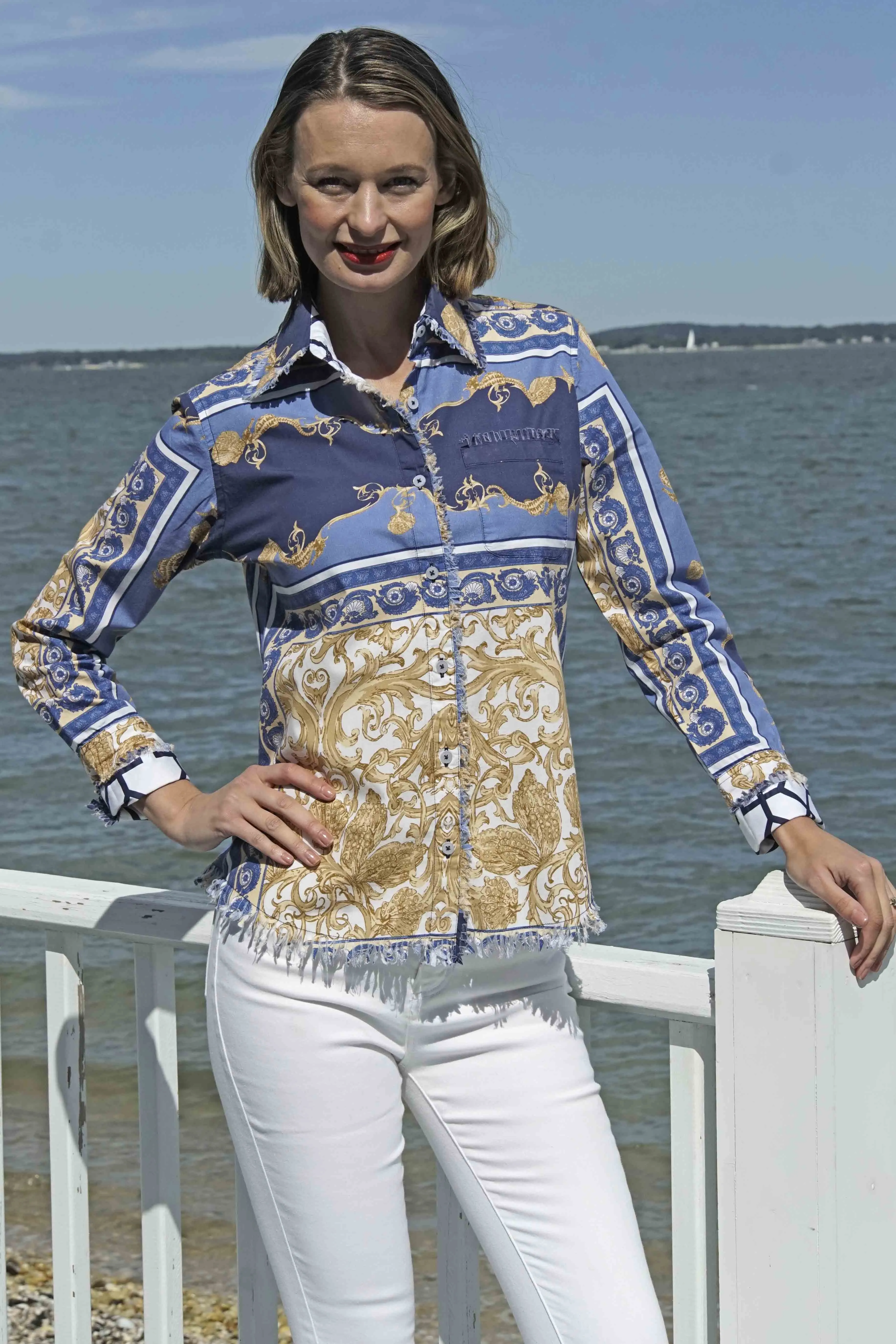 Cape Cod Frayed Shirt - Blue White Gold Shells and Blues Ocean Print