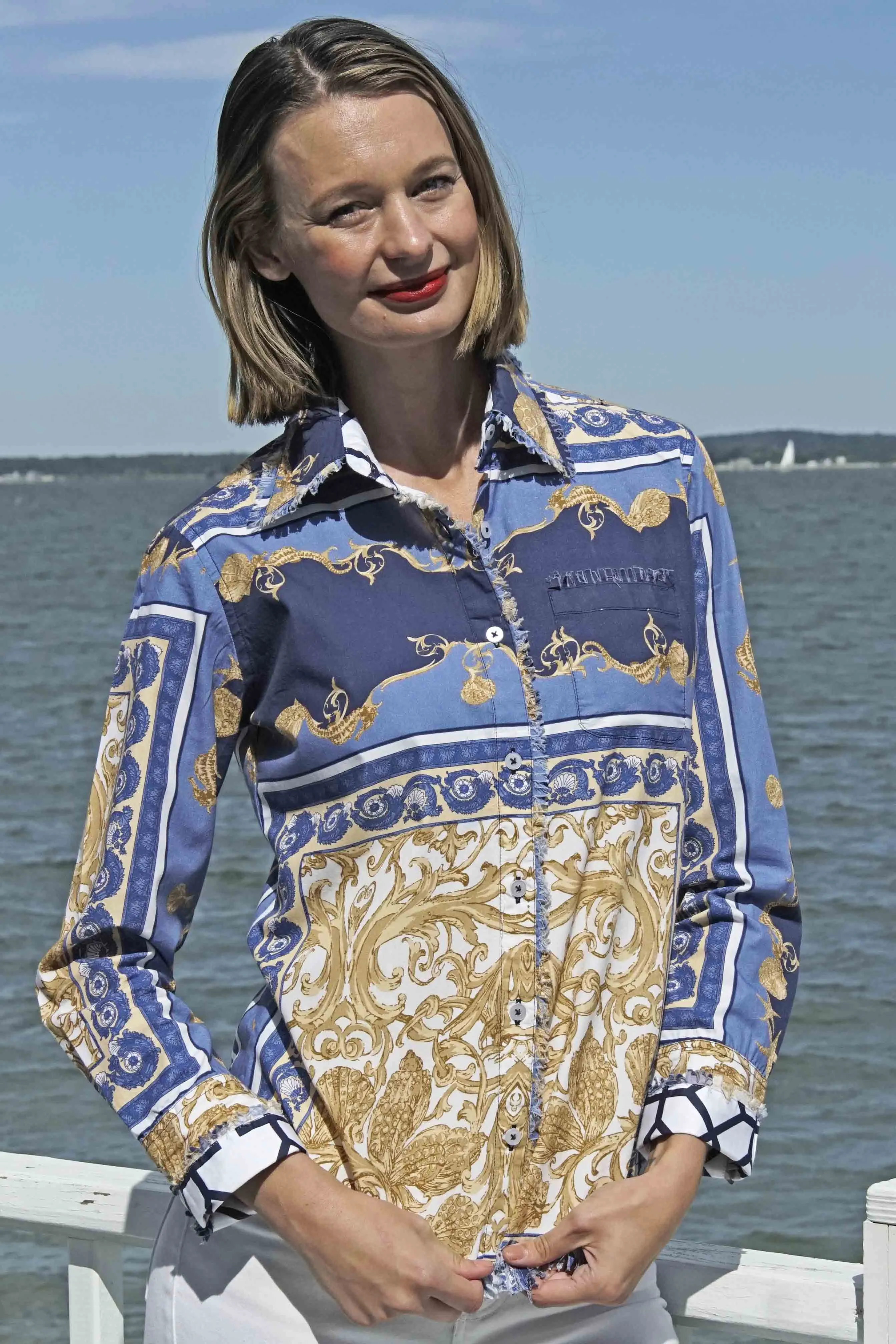 Cape Cod Frayed Shirt - Blue White Gold Shells and Blues Ocean Print