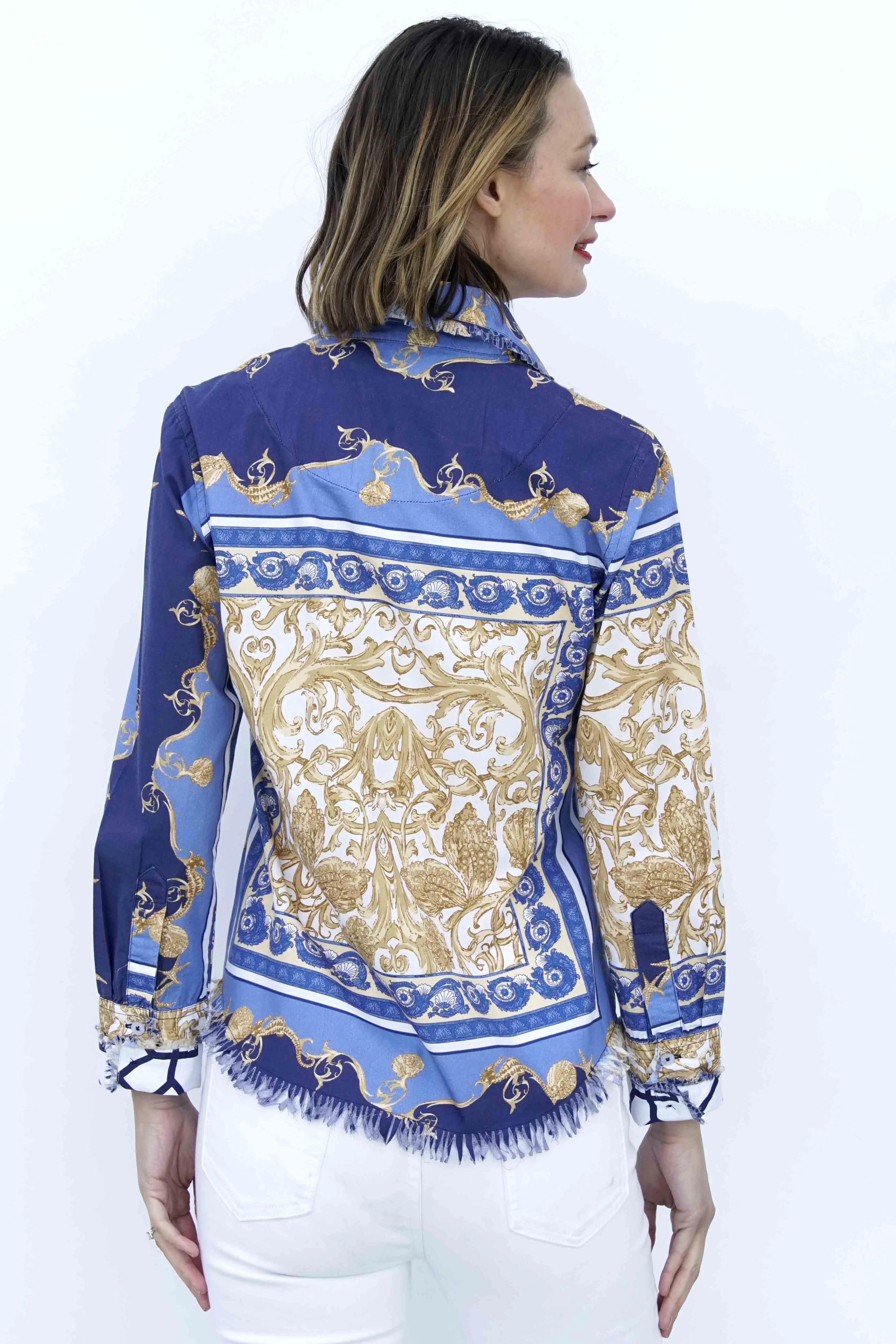 Cape Cod Frayed Shirt - Blue White Gold Shells and Blues Ocean Print