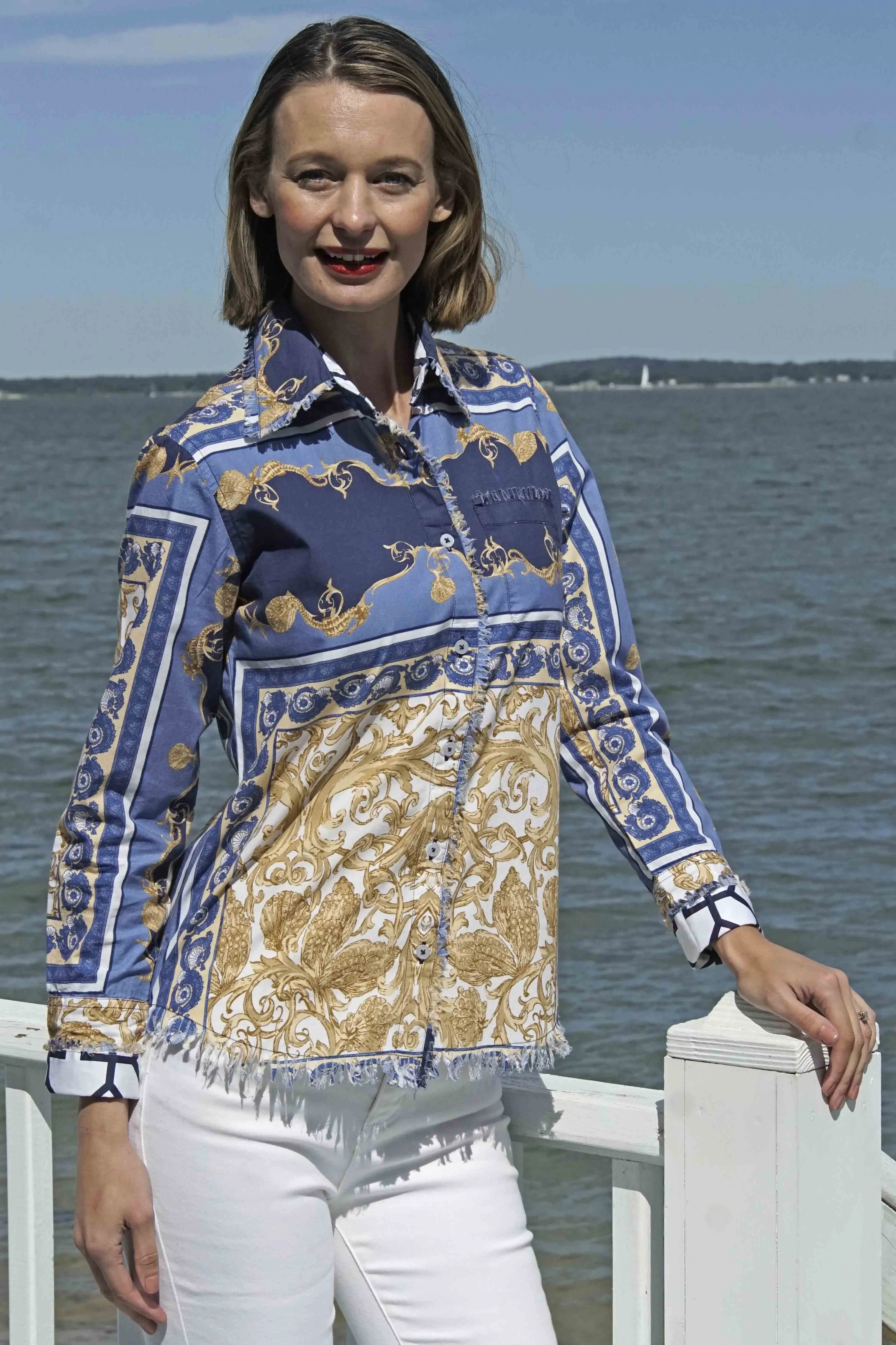 Cape Cod Frayed Shirt - Blue White Gold Shells and Blues Ocean Print