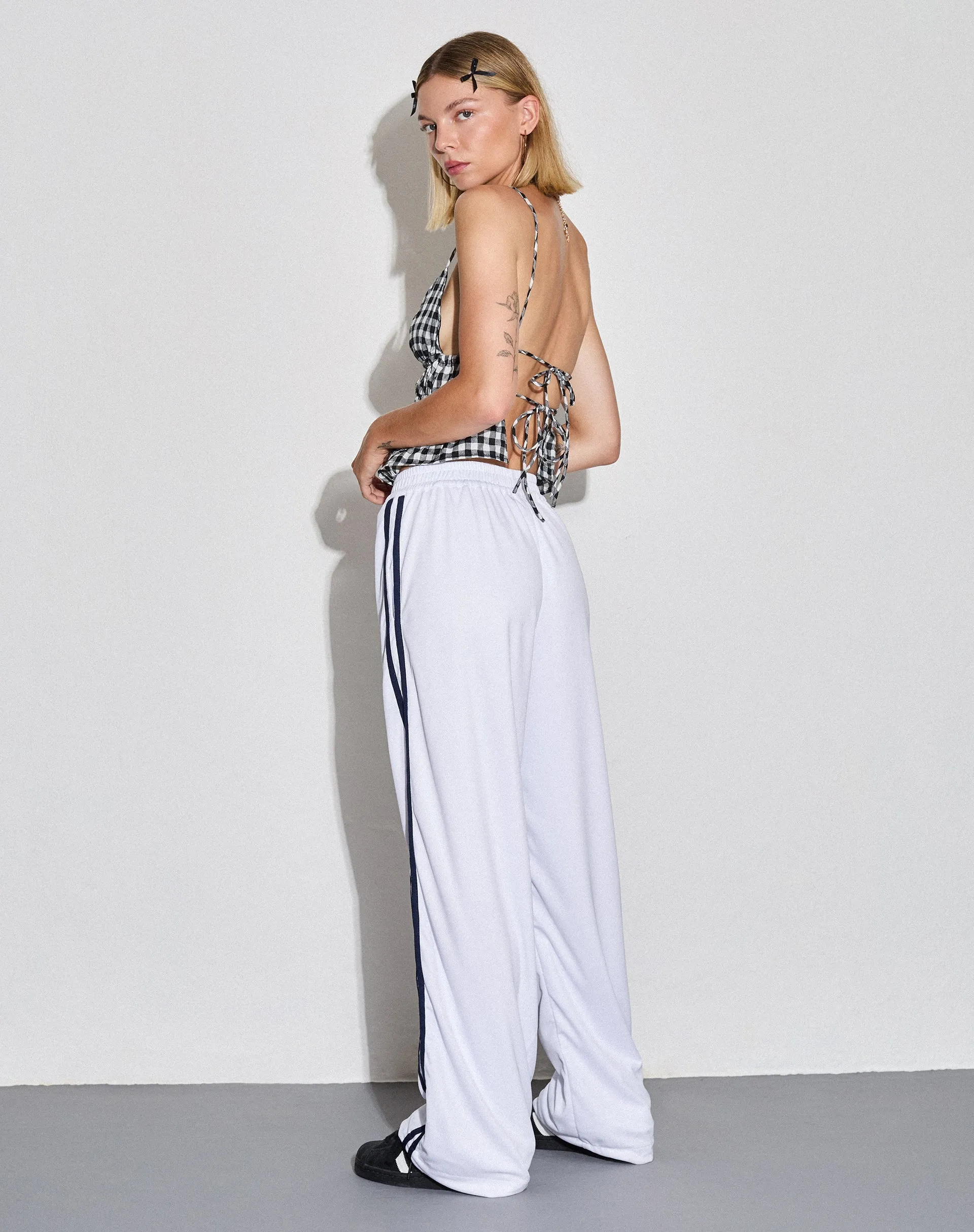 Coze Wide Leg Jogger in White with Navy Double Stripe