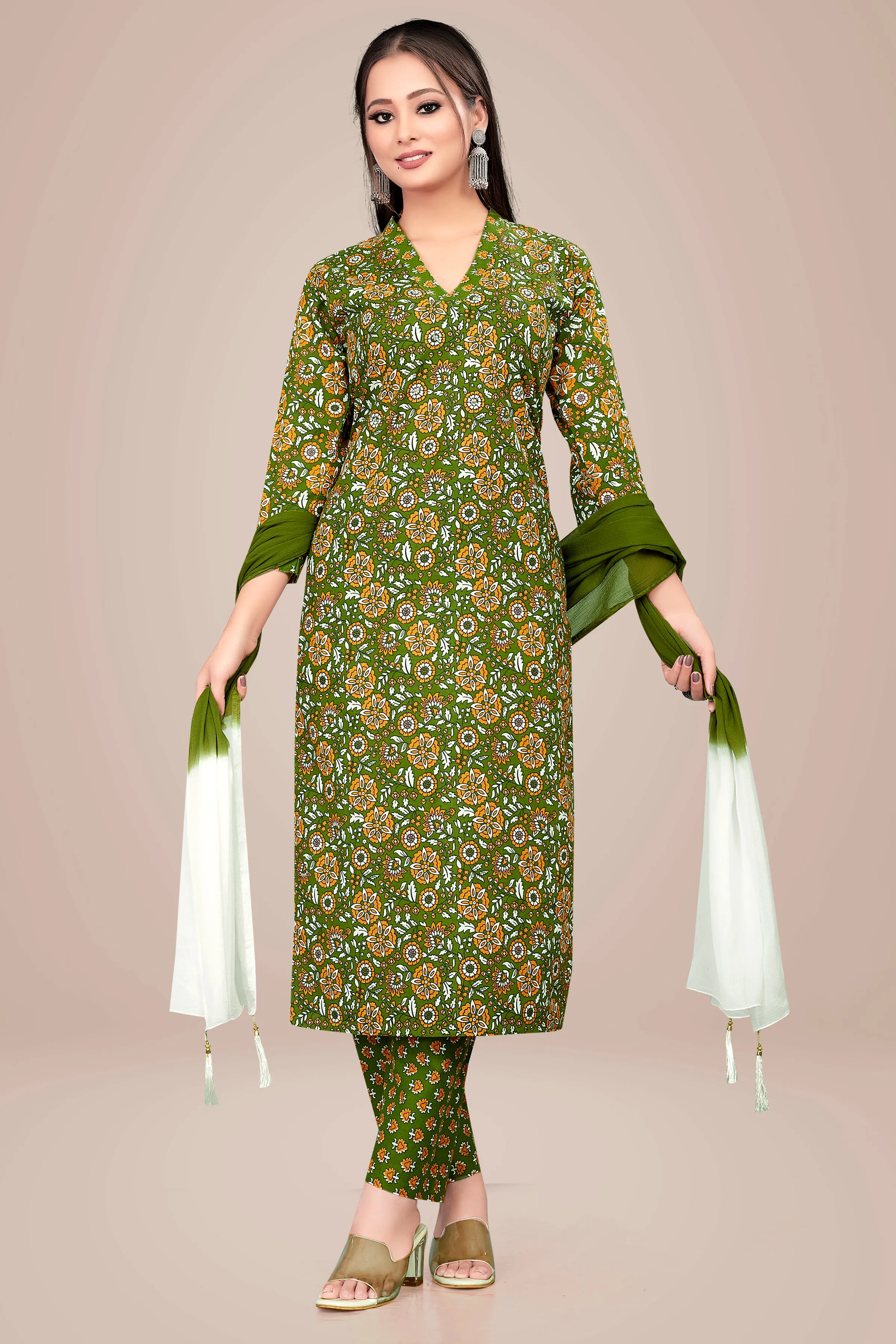 Ekisha's women printed green floral cotton kurta and pant set with dupatta