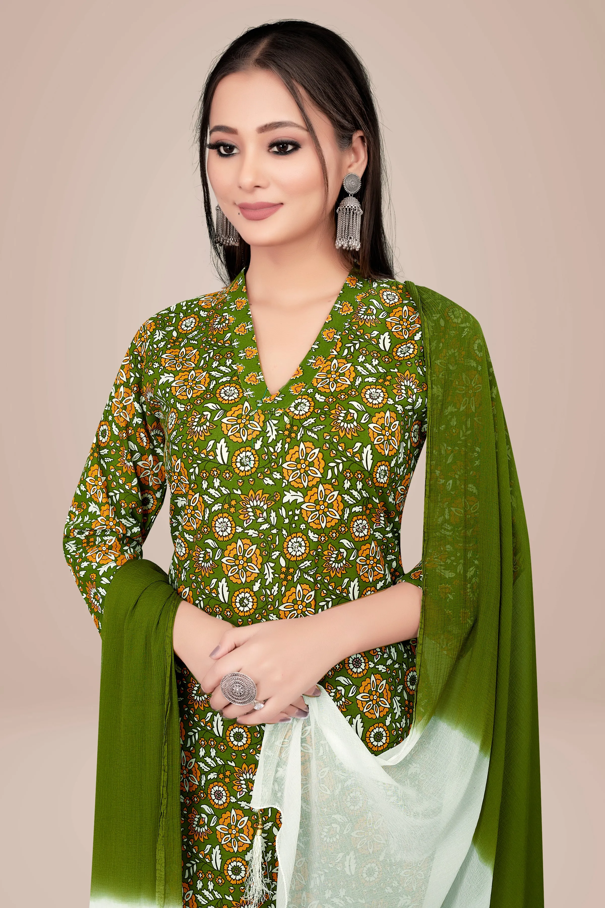 Ekisha's women printed green floral cotton kurta and pant set with dupatta