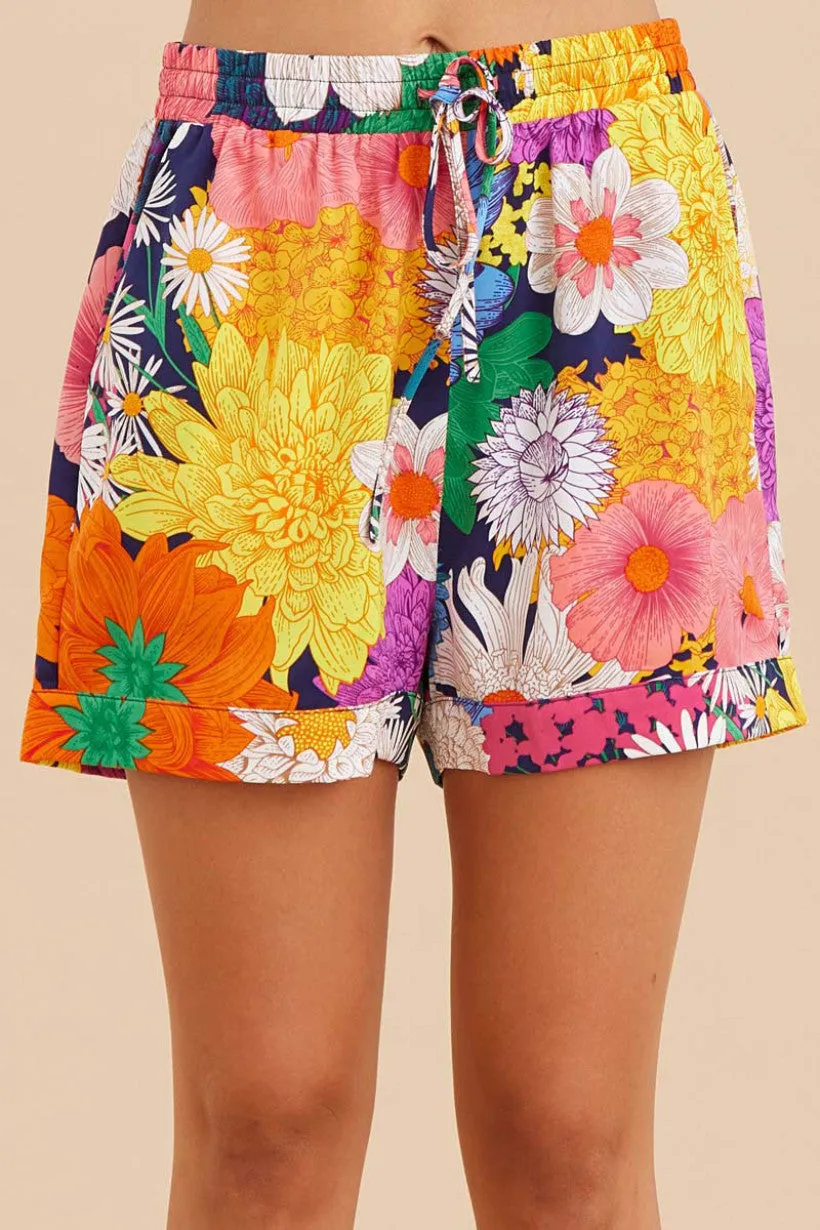 Flower Print Drawstring Shorts W/Side Pockets