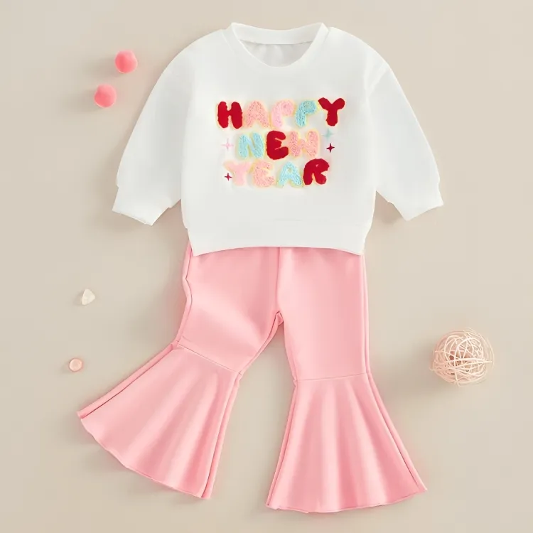 Happy New Year Pink Flared Pants Toddler Set