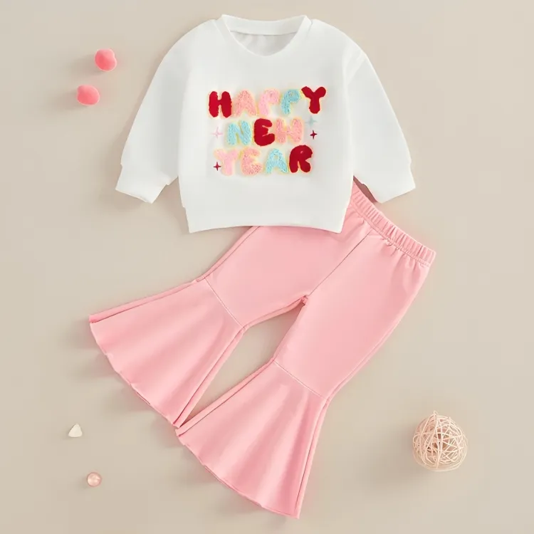 Happy New Year Pink Flared Pants Toddler Set