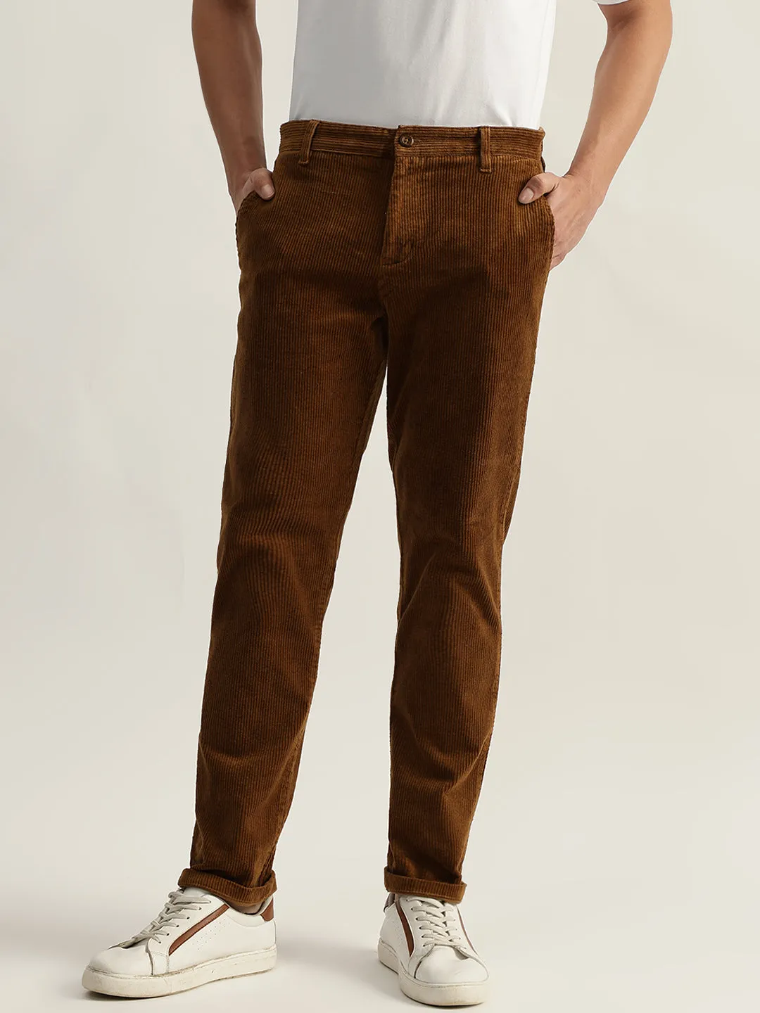 Iconic Men Brown Solid Regular Fit Corduroy Flat-Front Trouser