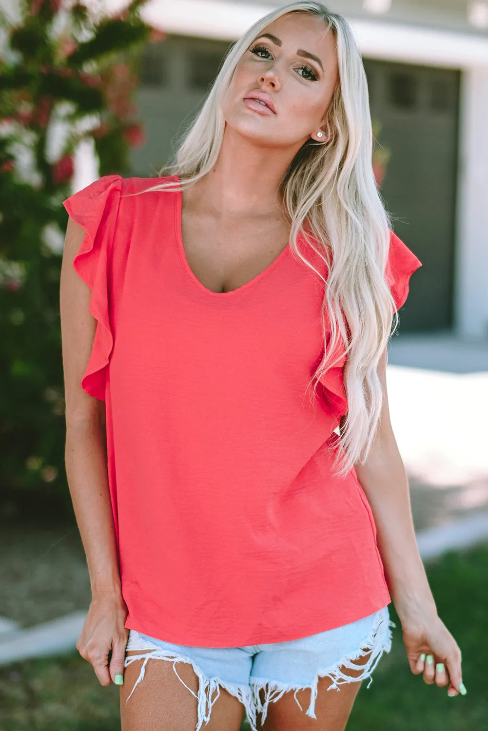 Janelle V Neck Ruffle Sleeve Loose Top