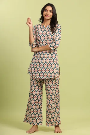 Jharokha on Teal Cotton Palazzo Loungewear Set