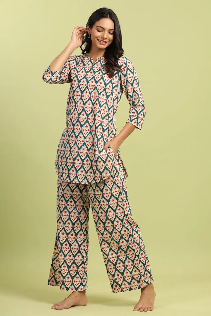 Jharokha on Teal Cotton Palazzo Loungewear Set