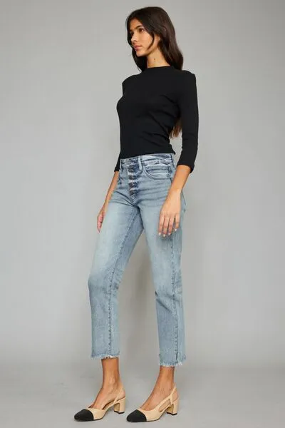 Kancan High Waist Button Fly Raw Hem Cropped Straight Jeans