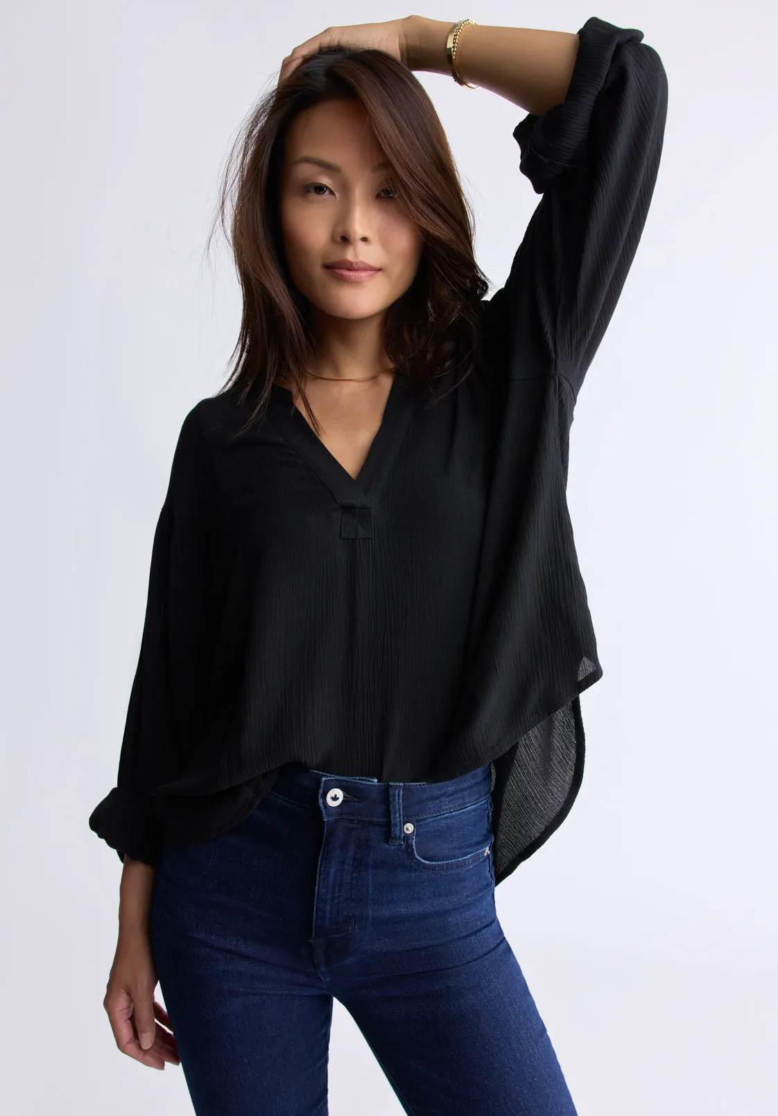 Kensley Women’s Dropped Shoulder V-neck Loose Blouse, Black - WT0119F