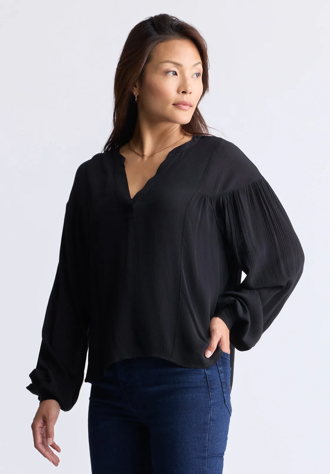 Kensley Women’s Dropped Shoulder V-neck Loose Blouse, Black - WT0119F