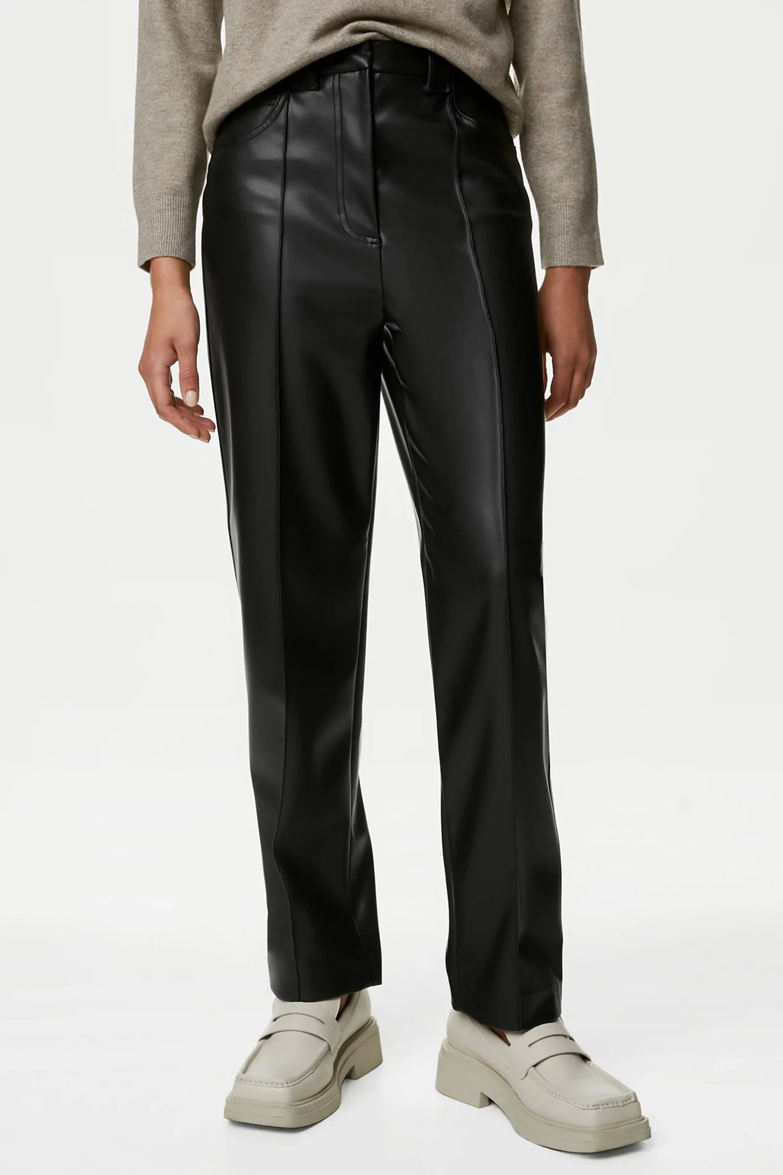 Leather Look Straight Leg Cropped Trousers