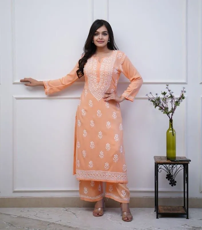 Light Orange Chicken Embroidery Kurti and Pant Set"