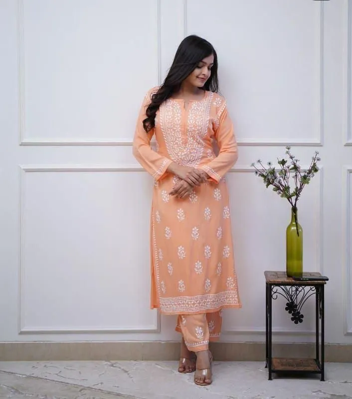 Light Orange Chicken Embroidery Kurti and Pant Set"