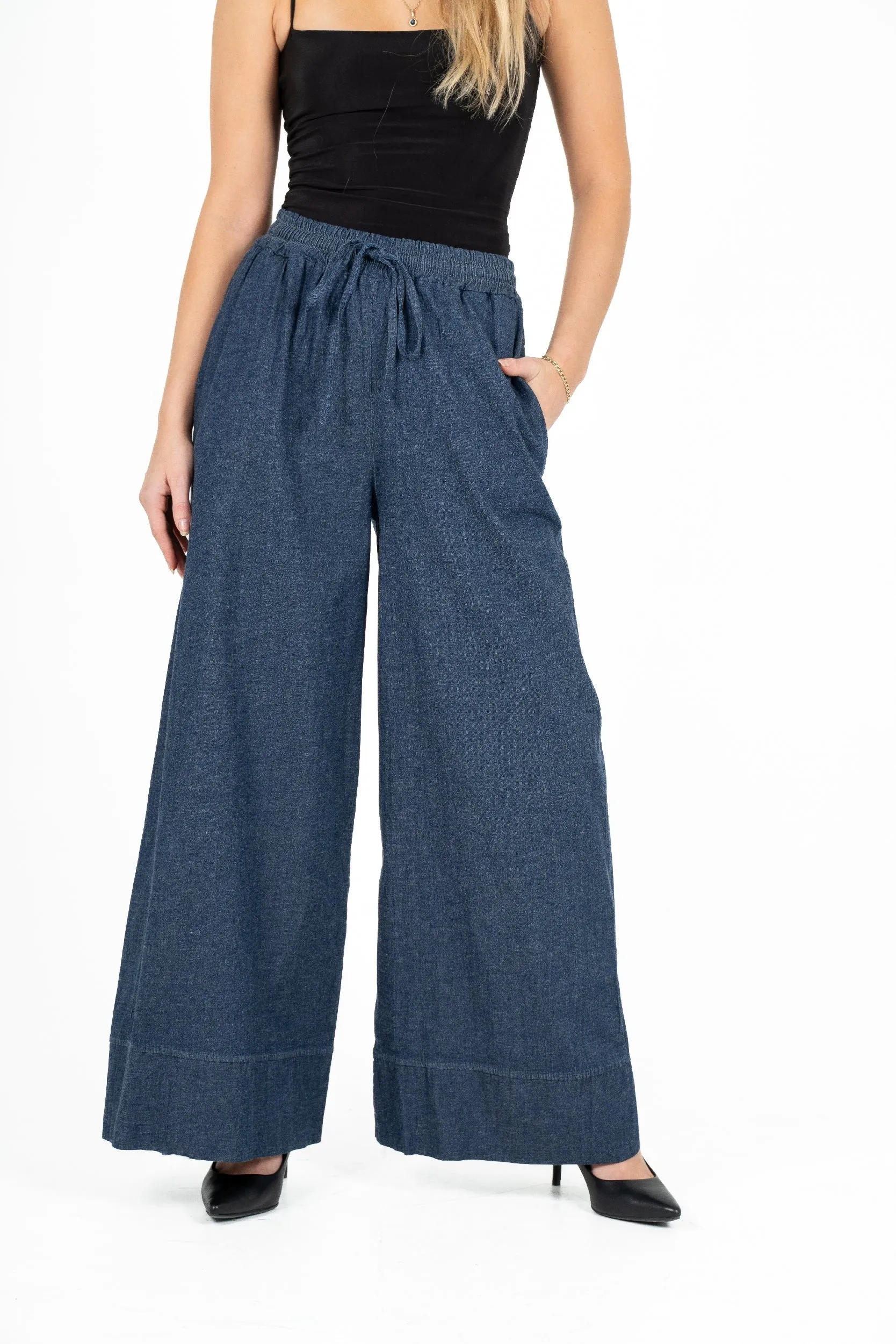 M Made in Italy – Wide-Leg Pull-On Pants With Draw-Cord – Medieval Blue Denim