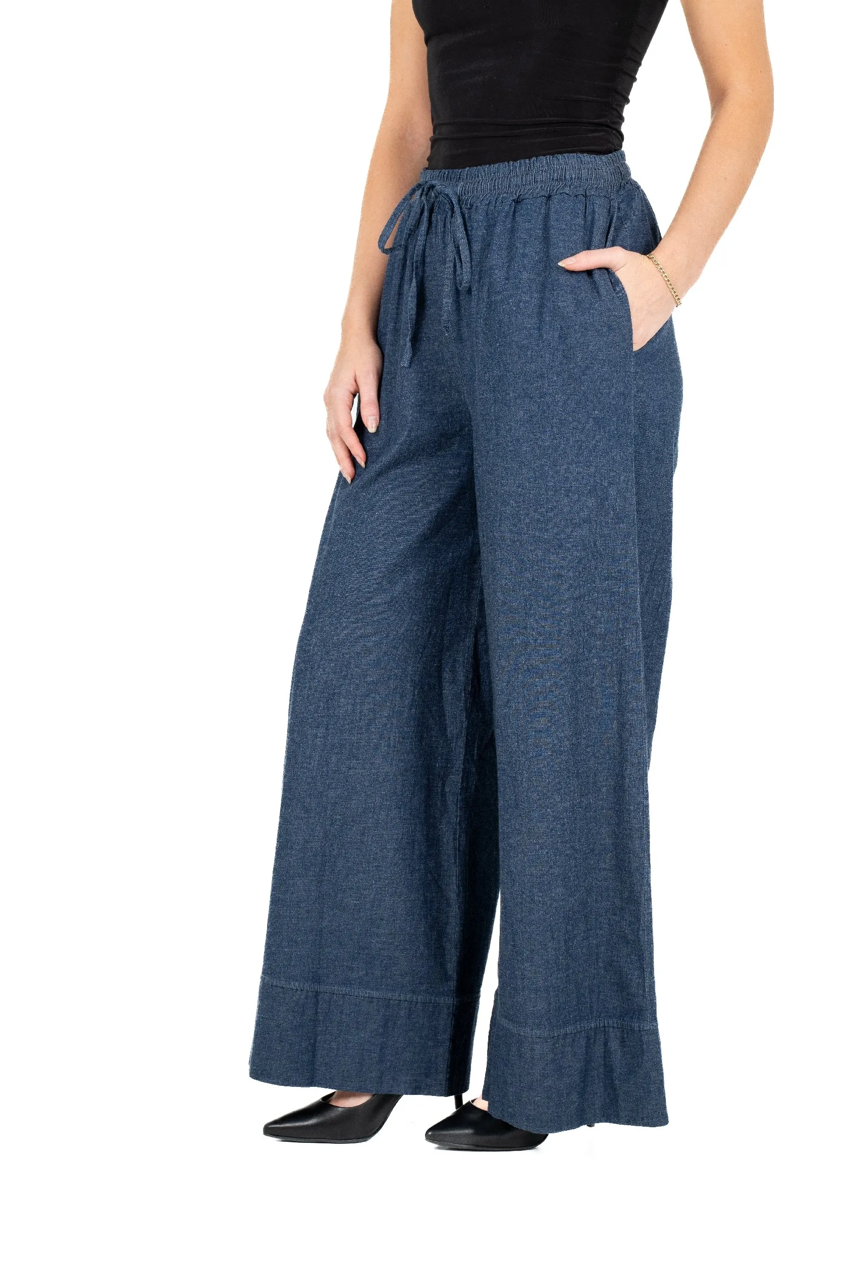 M Made in Italy – Wide-Leg Pull-On Pants With Draw-Cord – Medieval Blue Denim