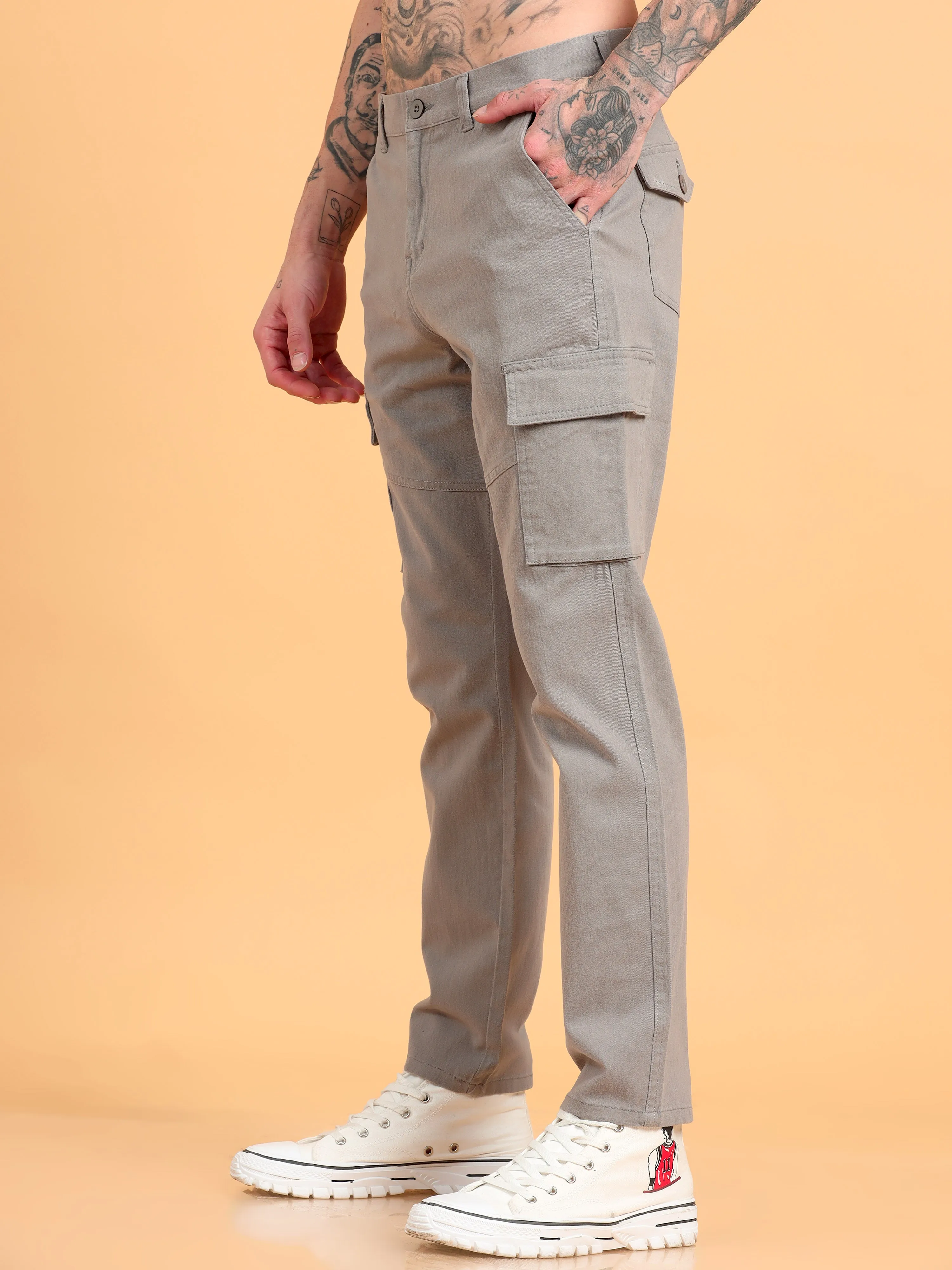 Men 2 Cotton Regular Fit Cargo Trousers, KHAKI GRAPHITE GREY