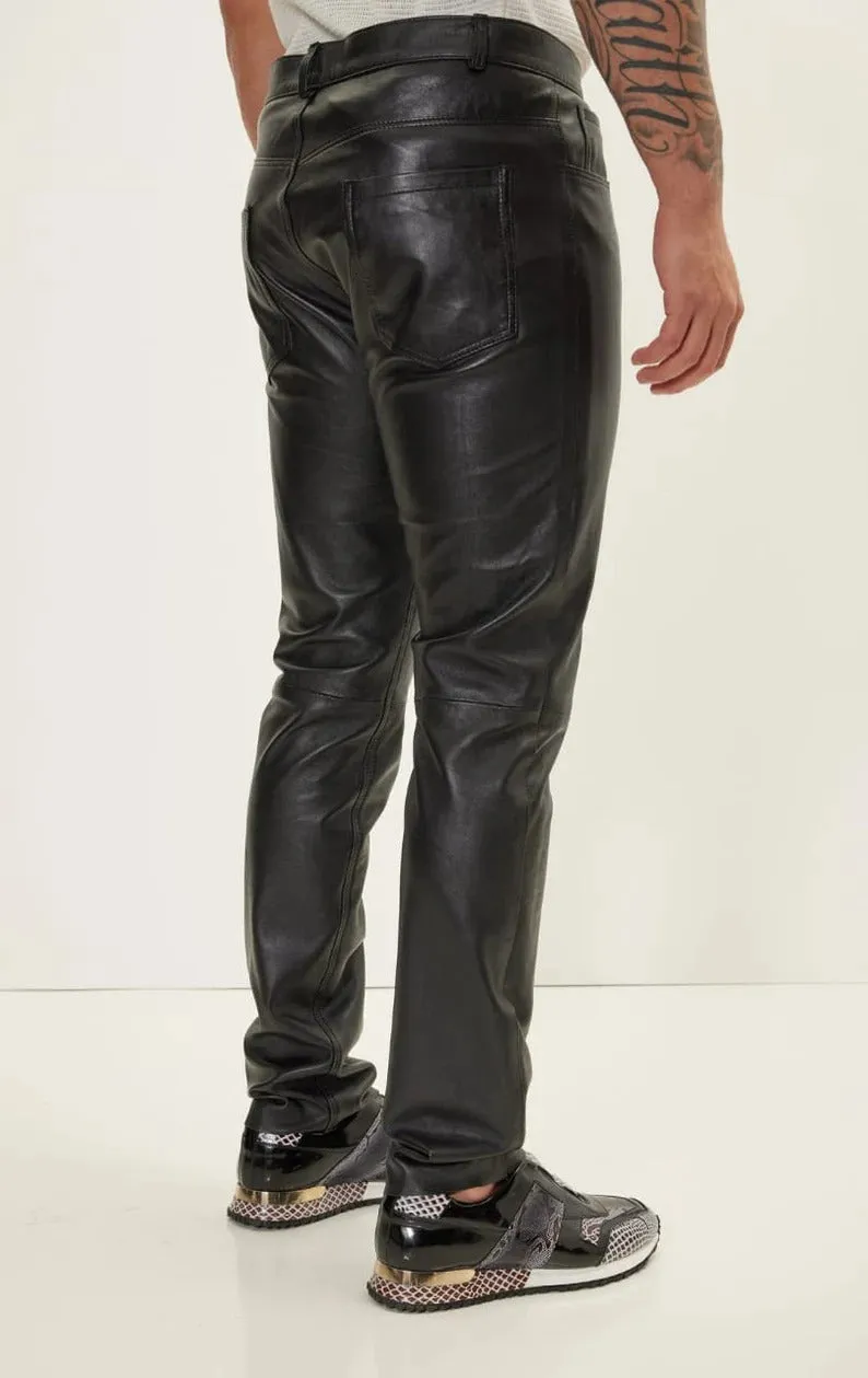 Men's Slim-Fit Classic Zipper Pants - Genuine Lambskin Leather