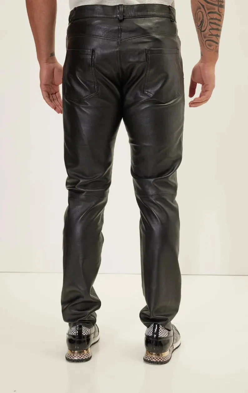 Men's Slim-Fit Classic Zipper Pants - Genuine Lambskin Leather