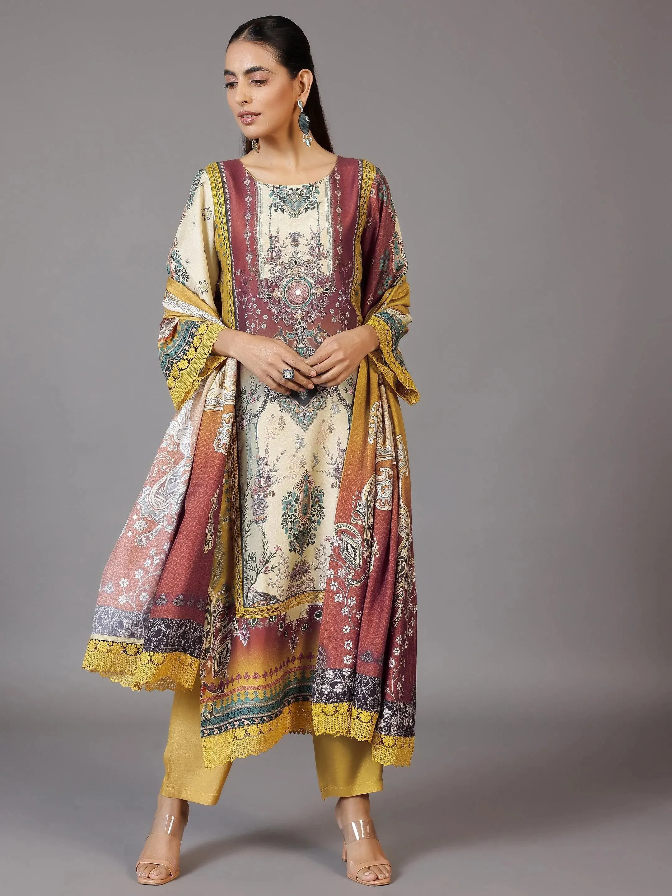 Mustard Printed Silk Blend Pakistani Suit