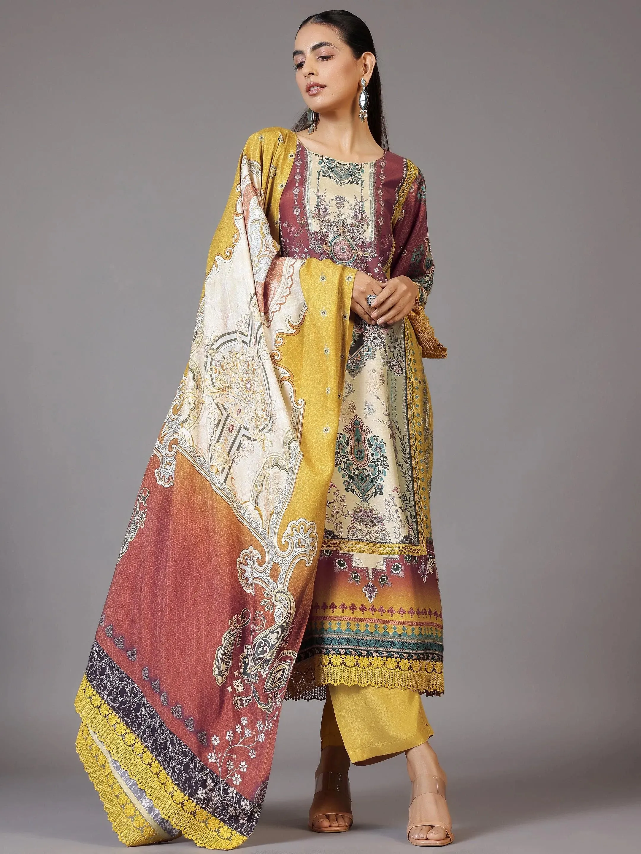 Mustard Printed Silk Blend Pakistani Suit