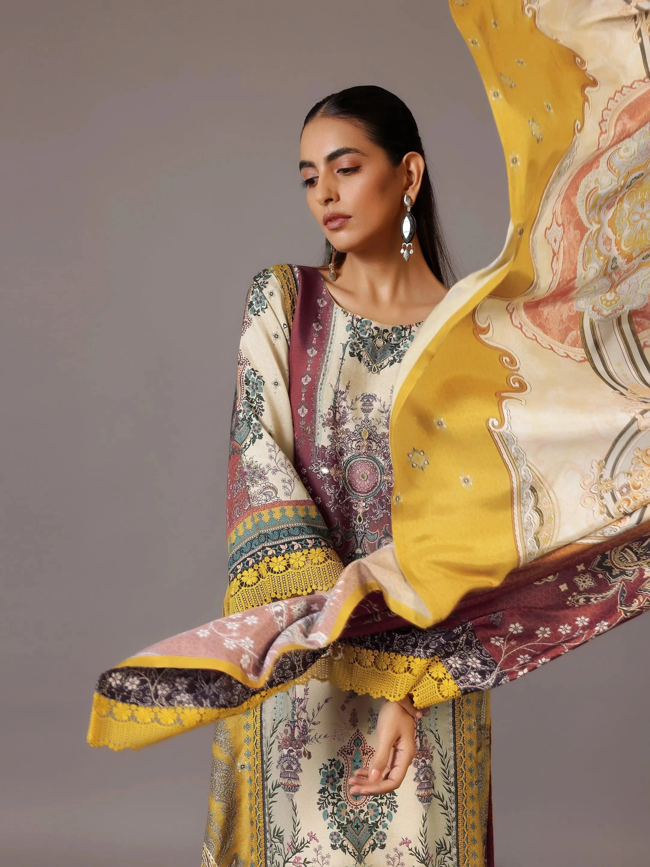 Mustard Printed Silk Blend Pakistani Suit