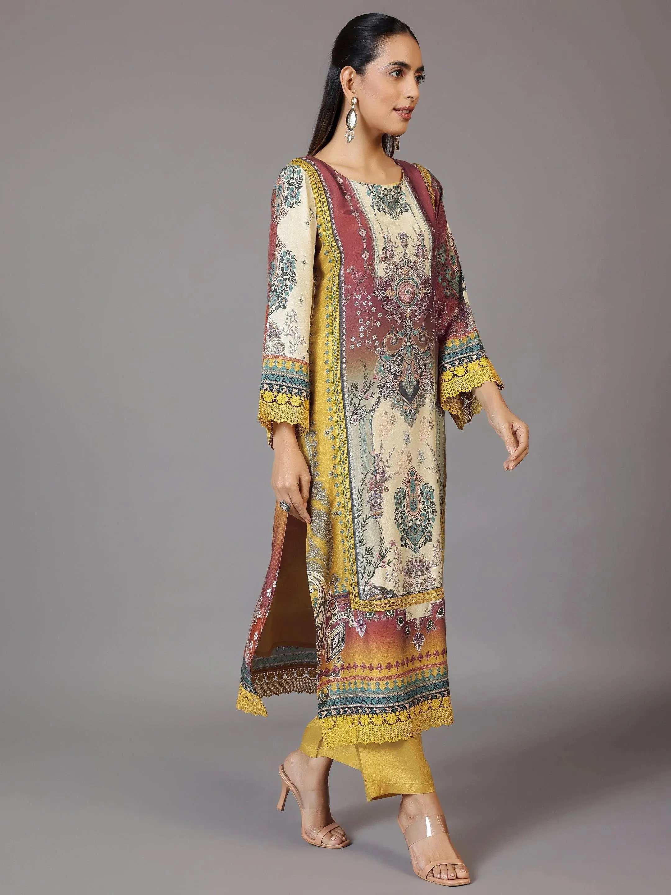 Mustard Printed Silk Blend Pakistani Suit