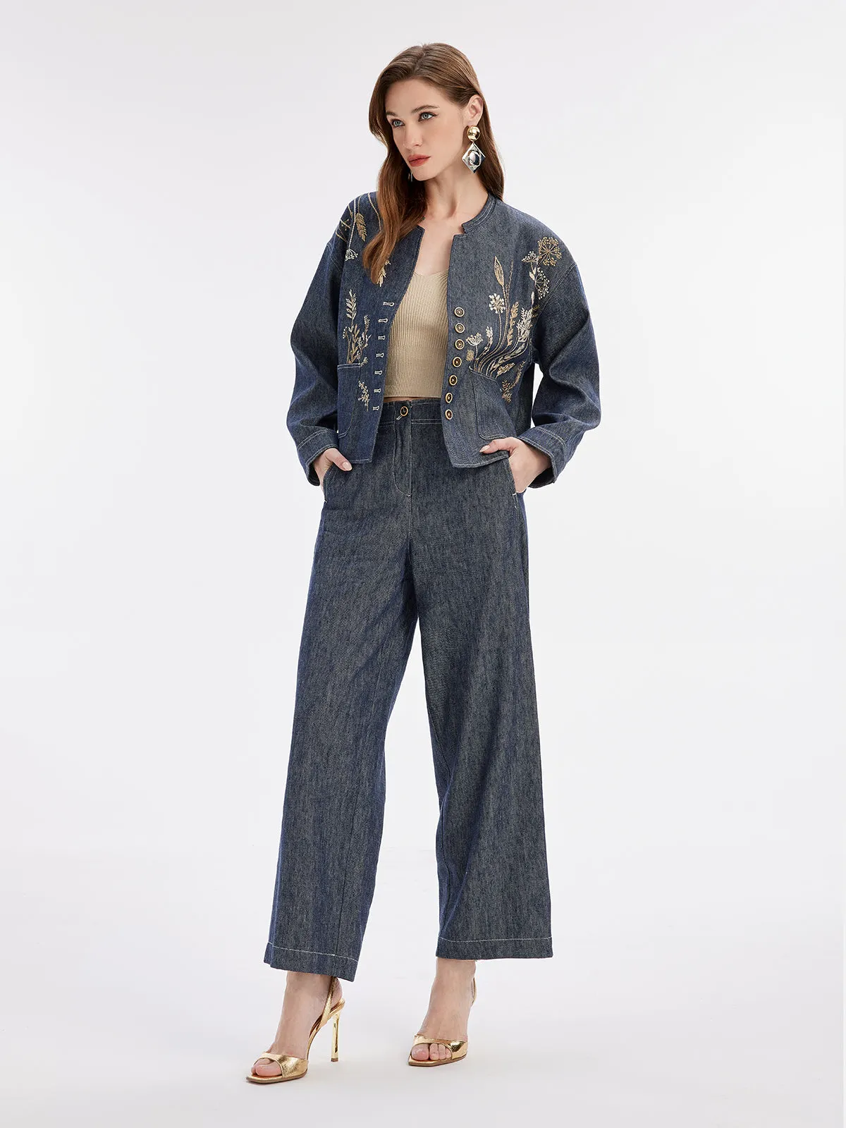 Natural Cotton Linen Denim Wide-Leg Pants