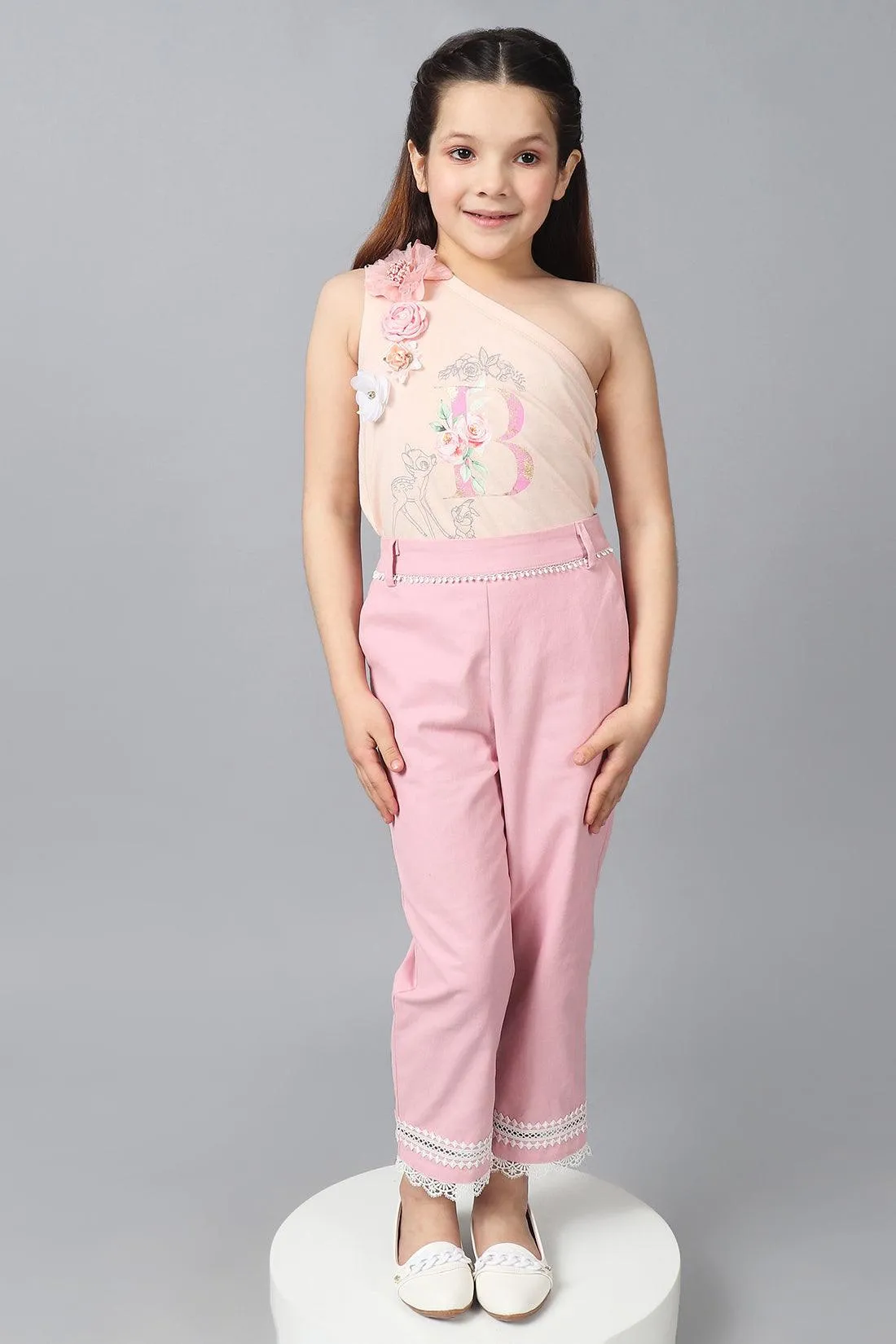 One Friday Kids Girls Pink Cotton Laced Trouser