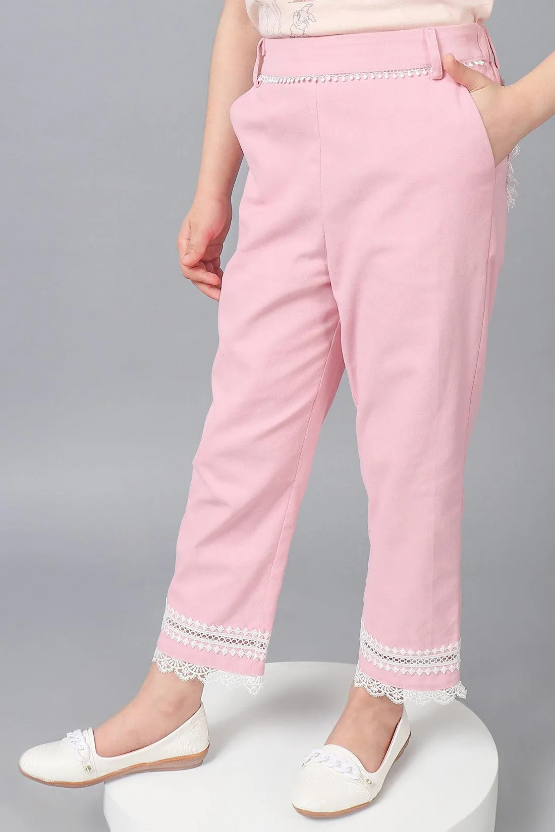 One Friday Kids Girls Pink Cotton Laced Trouser